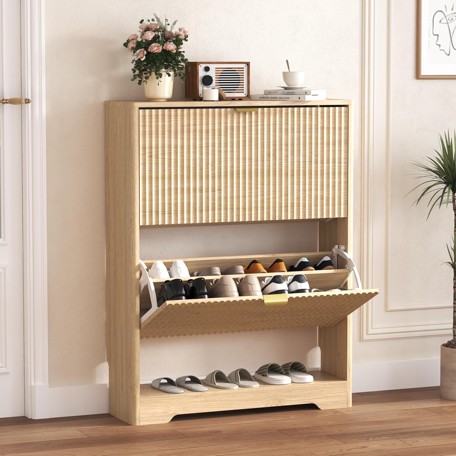 FANRAL Shoe Cabinet with 2 Flip Drawers & Open Storage,Fluted Shoe Storage Cabinet Rack Organizer with Adjustable Shelves for Entryway,Closet,Hallway,