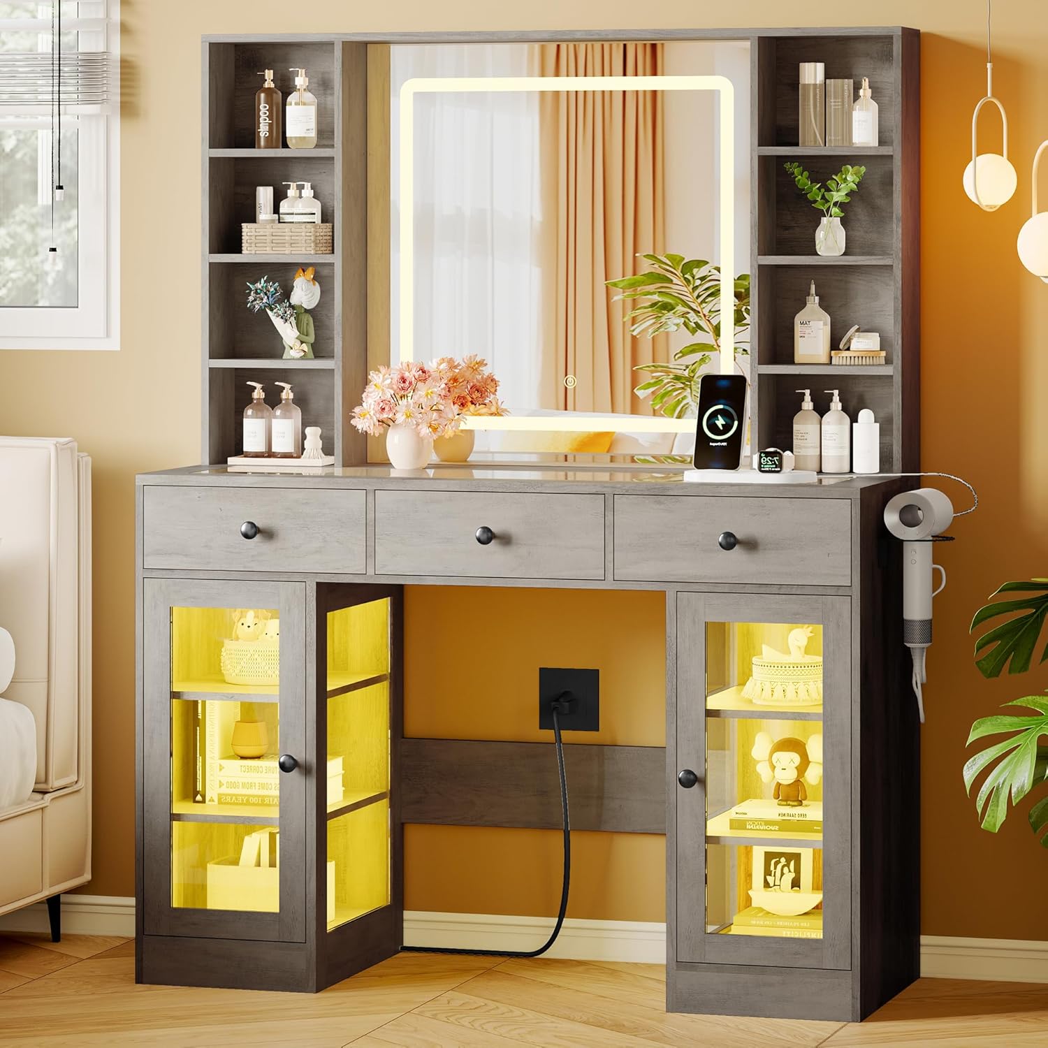 FANRAL Makeup Vanity with Mirror and Lights,Glass Top Vanity Desk with RGB Cabinets,43.5" Large Dressing Table for Women Bedroom, Vanity