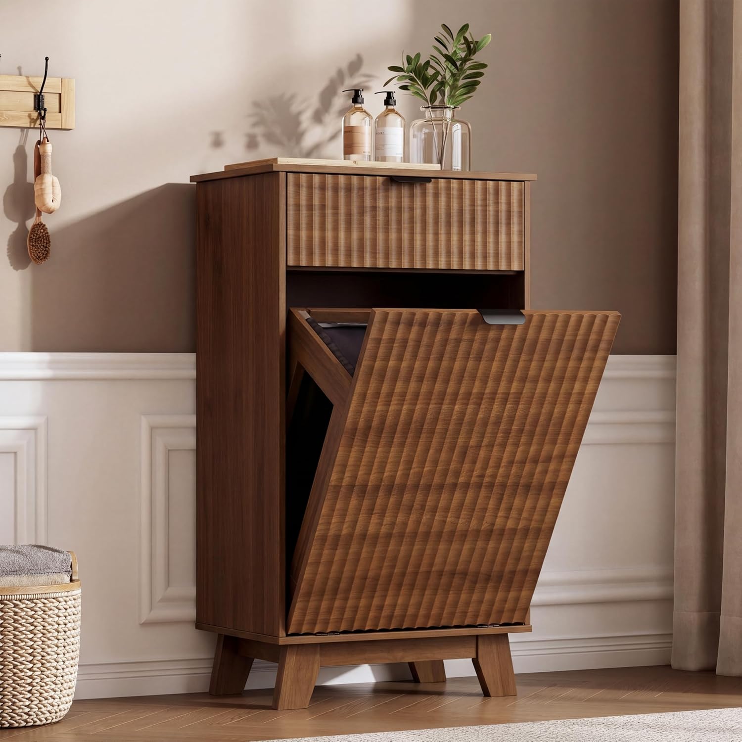 FANRAL Single Tilt Out Laundry Hamper Cabinet,10 Gallon en Hidden Storage Cabinet,Fluted Trash Can for Bathroom Kitchen Living Room, Laundry Basket Cabinet