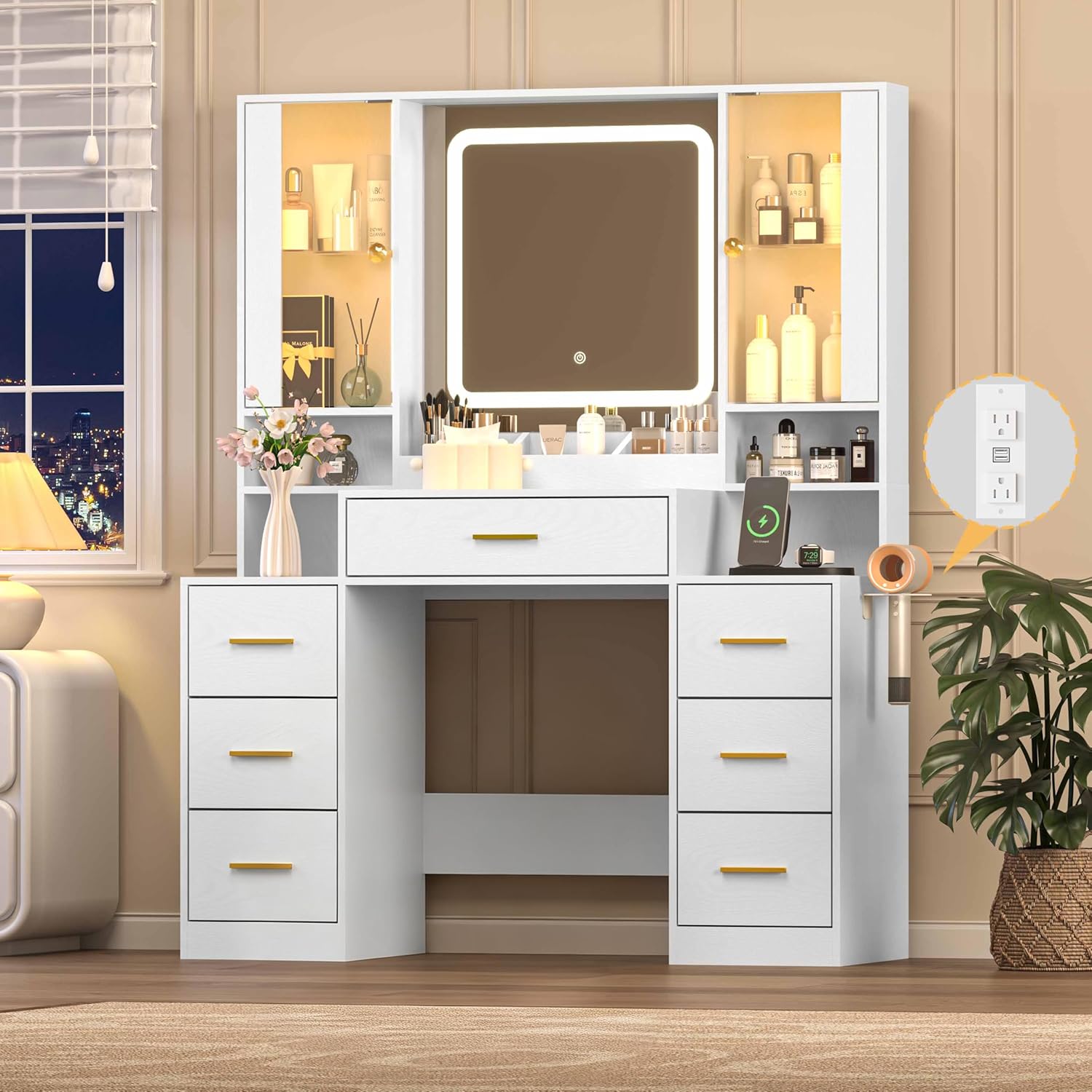 FANRAL Large Vanity Desk with LED Lighted Mirror & RGB Glass Cabinets,Built-in Charging Station & 7 Drawers,Modern Dressing Table for Bedroom Beauty Spaces, Vanity