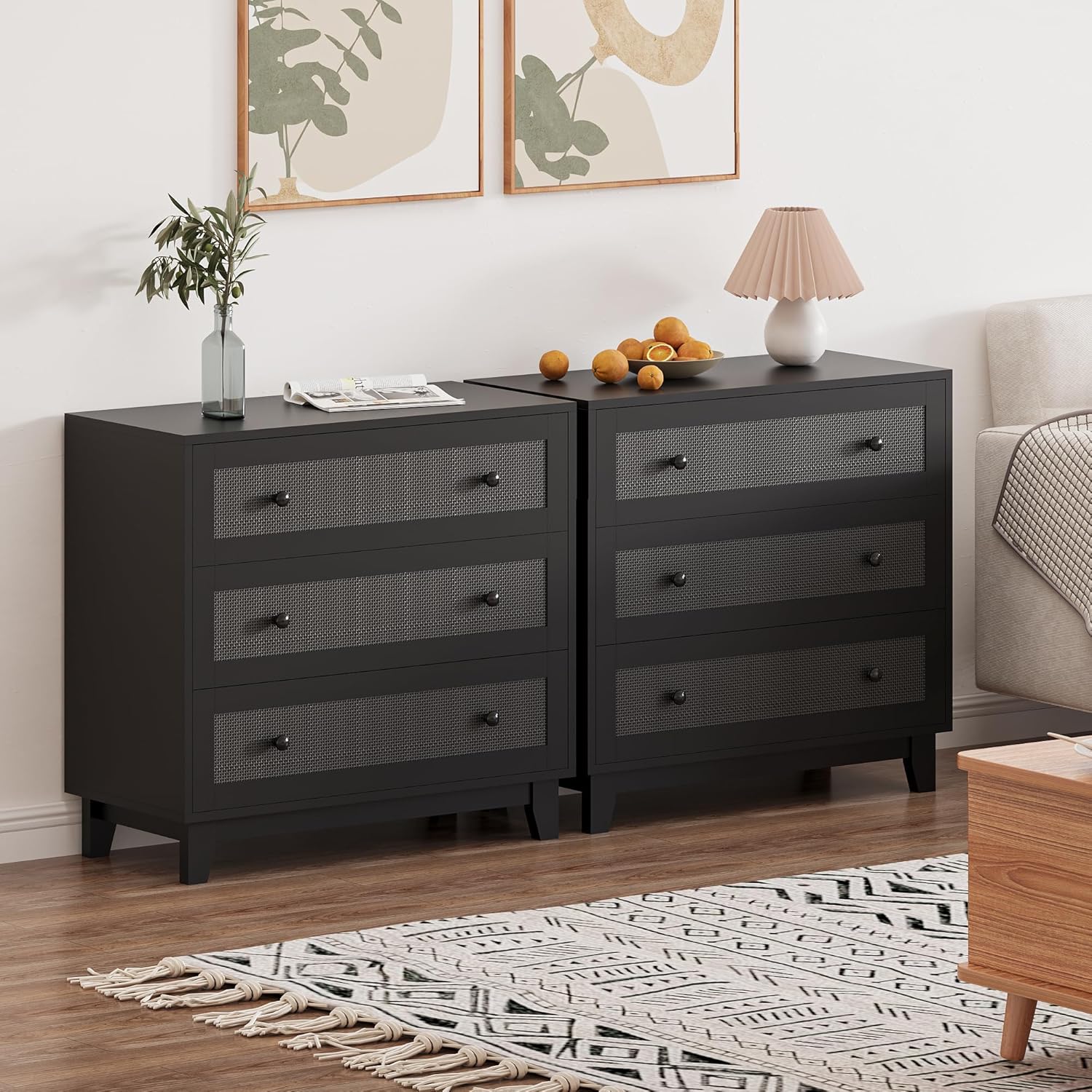 FANRAL 3 Drawers Dresser for Bedroom,Boho Small Natural Rattan Closet Dresser Chest of Drawers,Modern Clothes Storage Organizer with en Feet and Handles for Hallway,Living Room,Entryway