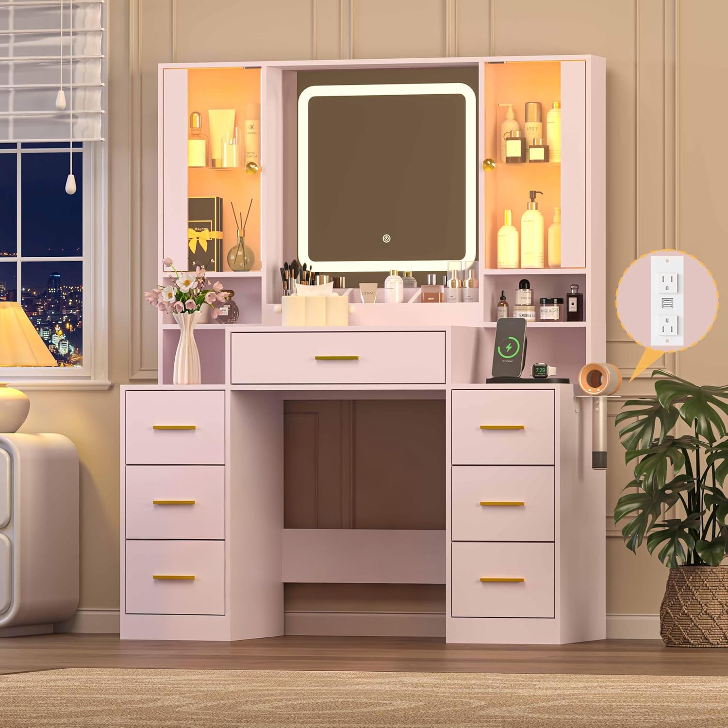 FANRAL Large Vanity Desk with LED Lighted Mirror & RGB Glass Cabinets,Built-in Charging Station & 7 Drawers,Modern Dressing Table for Bedroom Beauty Spaces, Vanity