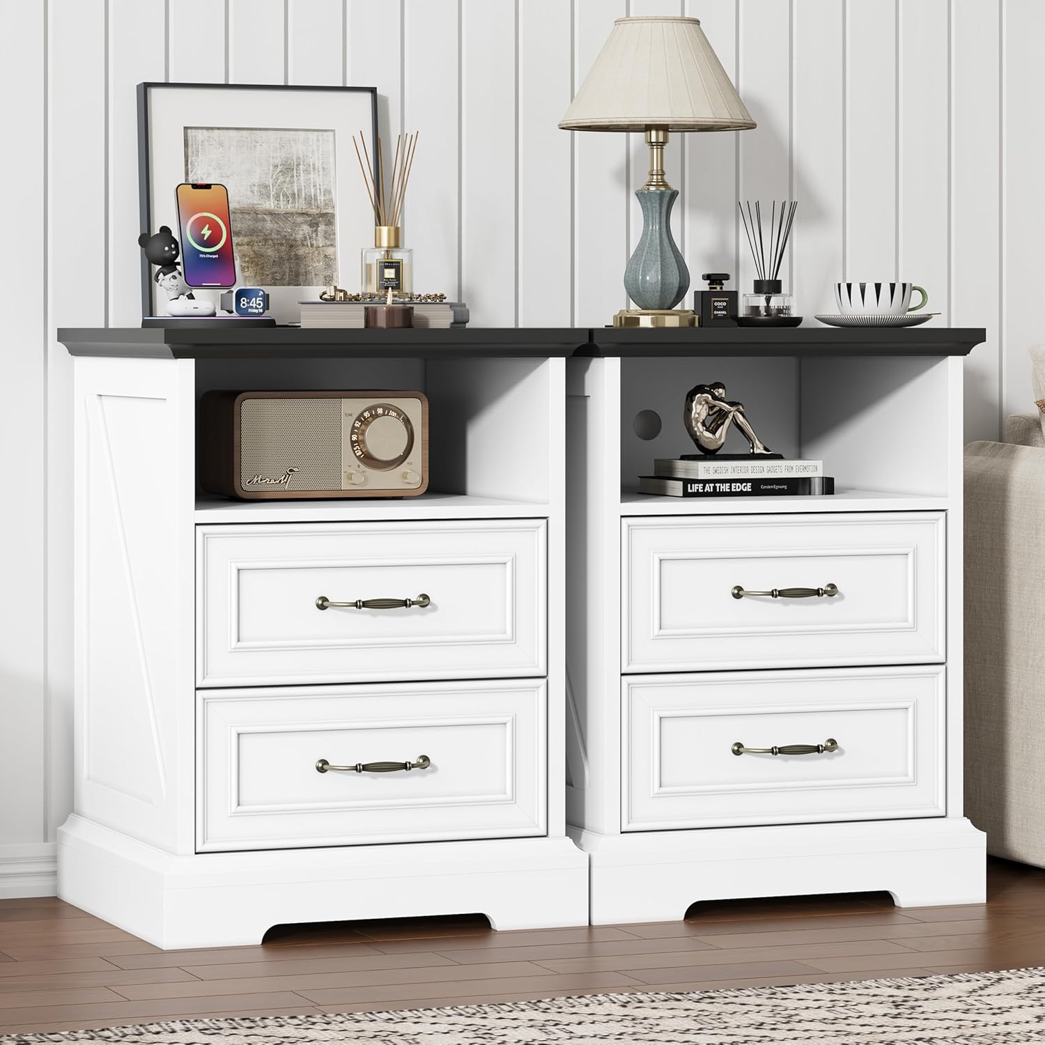 FANRAL Nightstand with Charging Station for Bedroom,Farmhouse End Side Table with 2 Drawers for Living Room, Nightstand