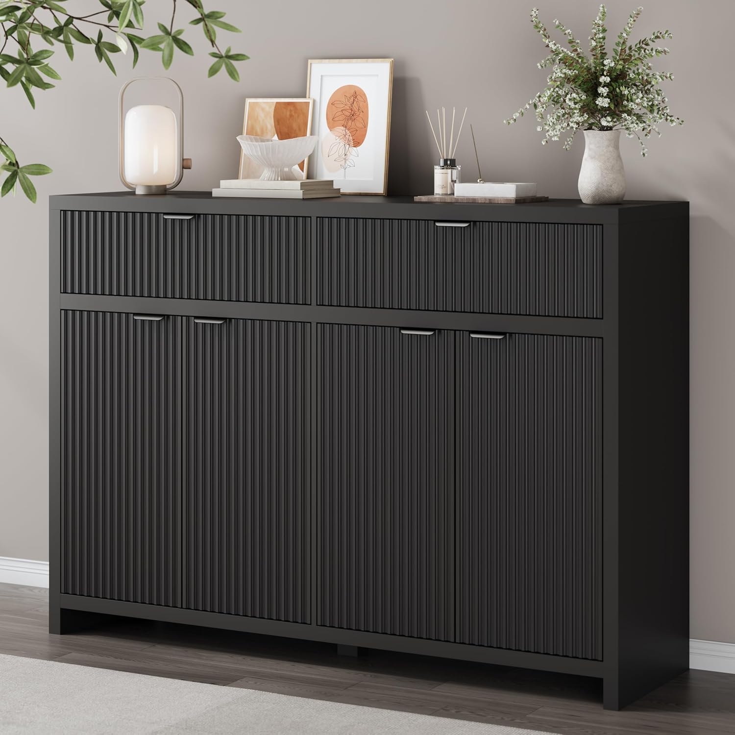FANRAL 55" Wide Sideboard Buffet Cabinet with 2 Drawers & 4 Doors,Fluted Design with Adjustable Shelves for Living Room Kitchen Dining Room, Storage Cabinet