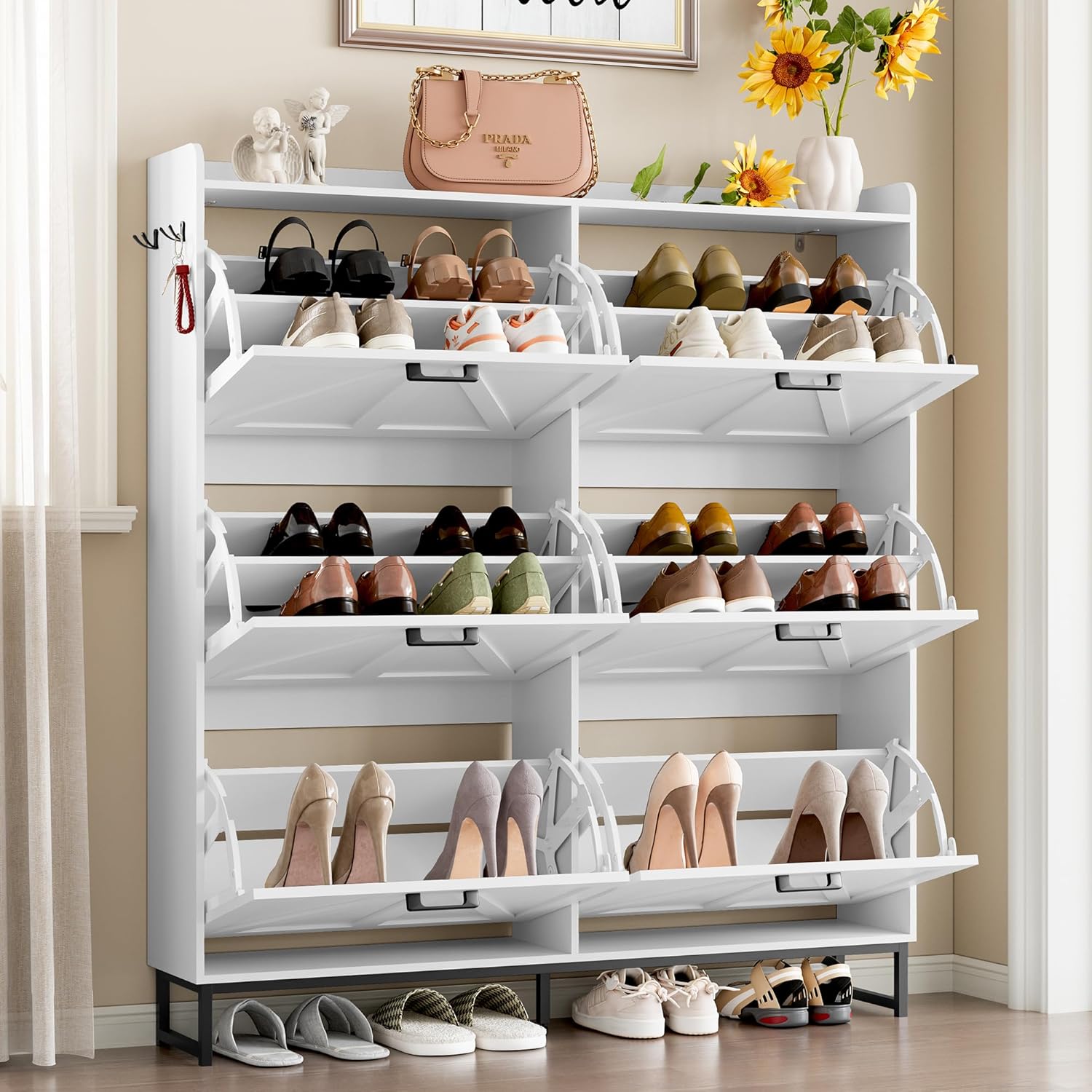 FANRAL Shoe Storage Cabinet for Entryway,2 Flip Drawer & Open Storage Shoe Rack Organizer,en Narrow Shoes Cabinet,
