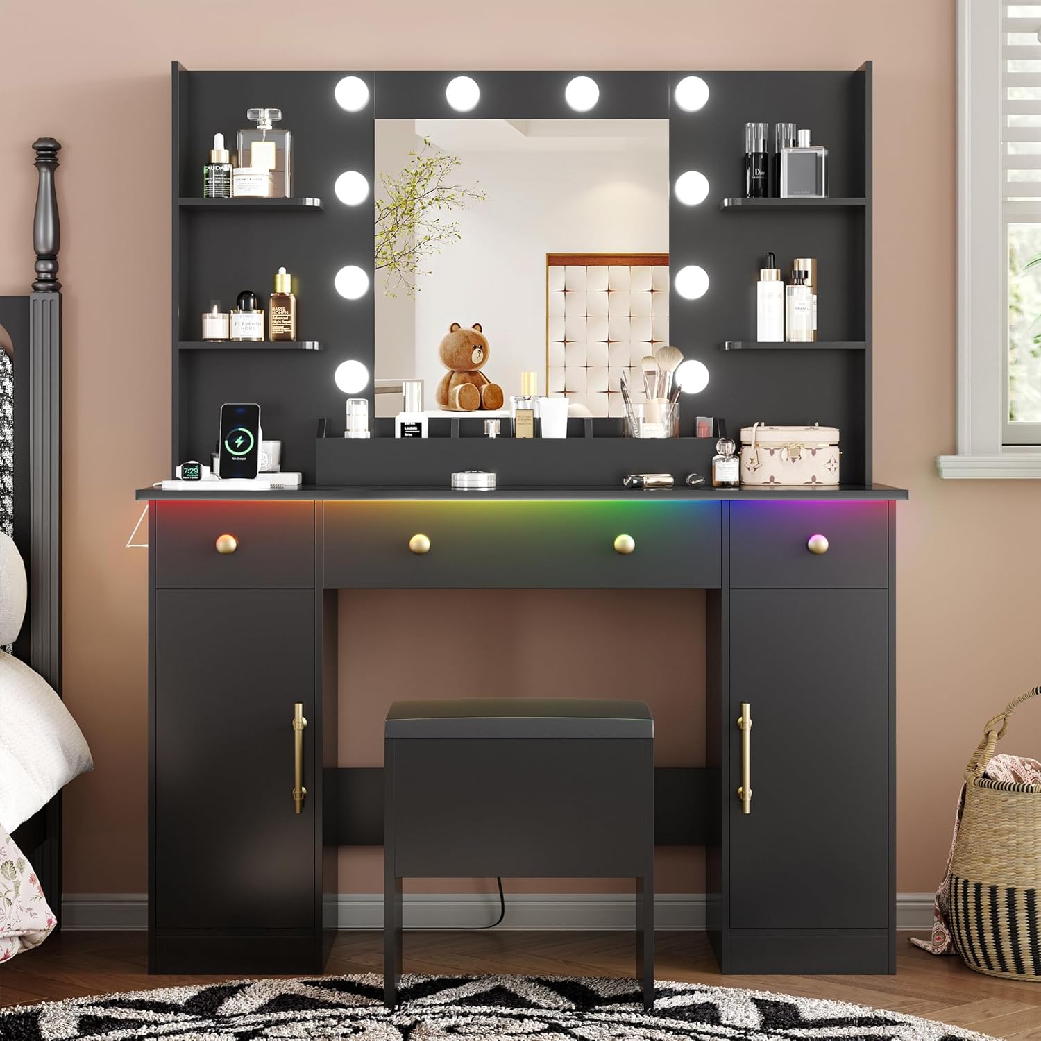 FANRAL Vanity Desk with Mirror and Lights,Large Makeup Vanity Table Set with Drawers & Chair & Power Outlet,Vanity for Bedroom