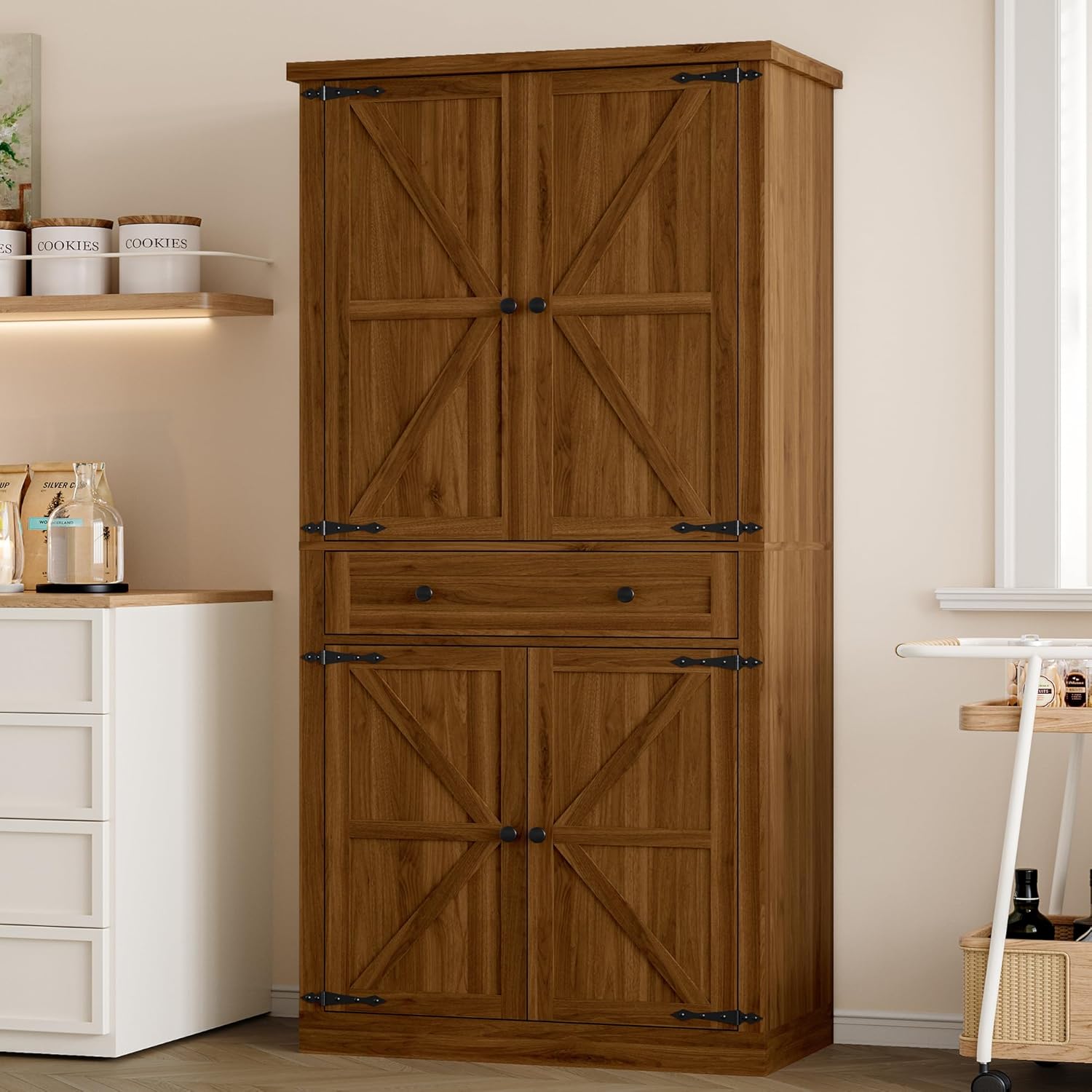 FANRAL 70¡± Tall Pantry Organizers and Storage Cabinet with Barn Doors & Drawers,Adjustable Shelf,Tall Pantry for Kitchen Dining Room Living Room Bedroom, Pantry Cabinet