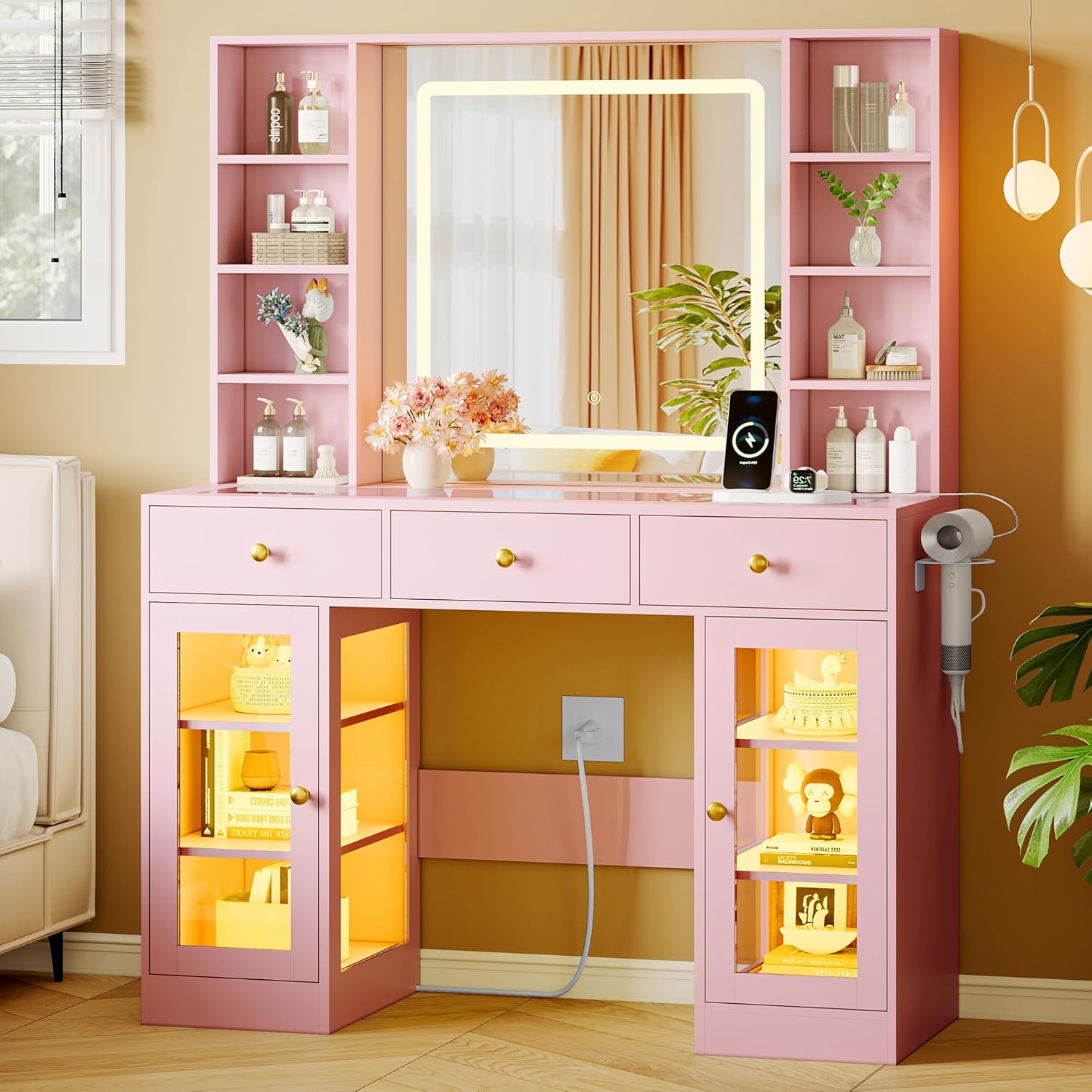 FANRAL Makeup Vanity with Mirror and Lights,Glass Top Vanity Desk with RGB Cabinets,43.5" Large Dressing Table for Women Bedroom, Vanity