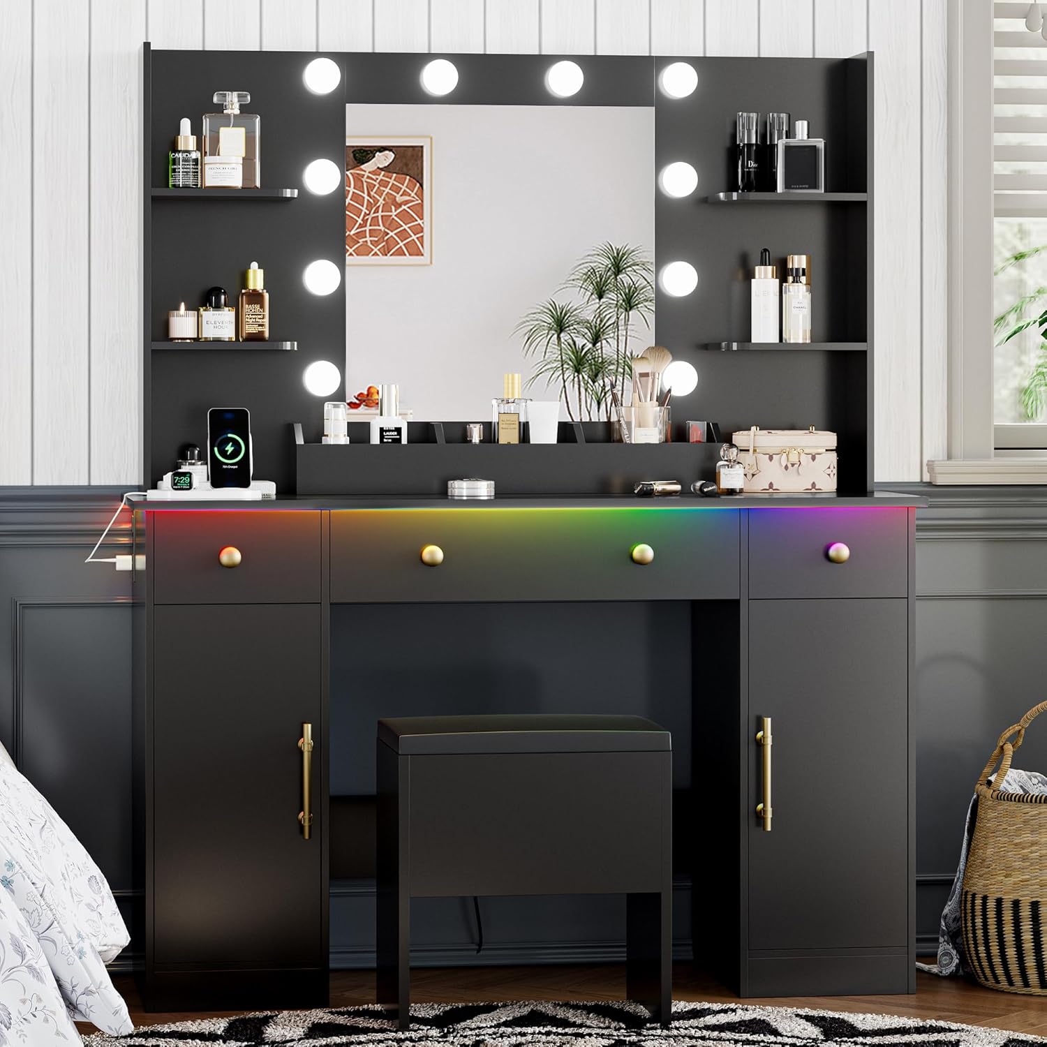FANRAL 43'' Vanity Desk with 10 Lights & Under-Table RGB Strip,Built-in Power Outlets,Cushioned Stool & Large Storage,Dressing Table for Bedroom Bathroom Grooming, Vanity