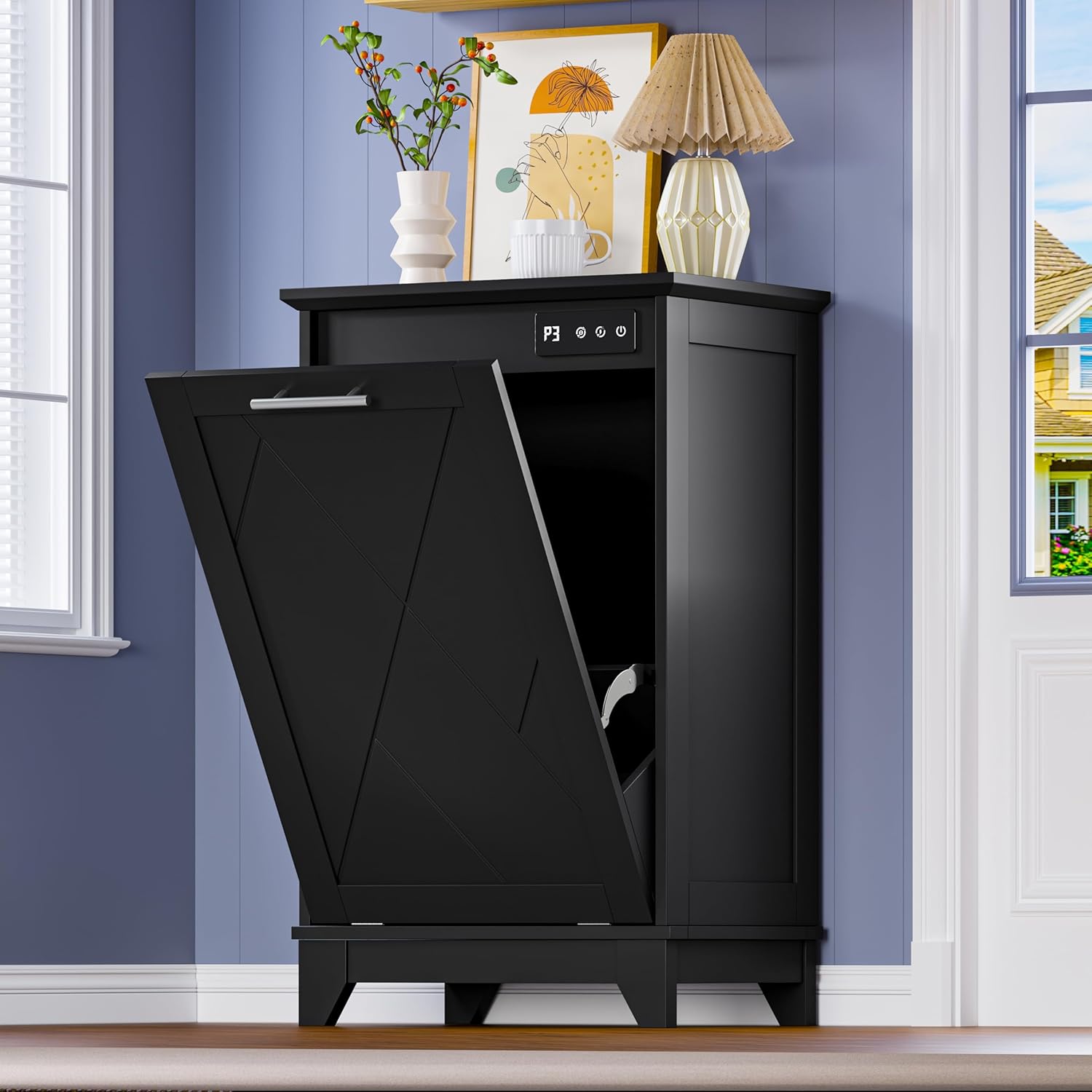 FANRAL Tilt Out Trash Can Cabinet for 2 Bins,Hidden Recycle Garbage Enclosure with Negative Ion & Ozone Odor Control,en Double Storage Cabinet for Kitchen Bathroom Laundry Room