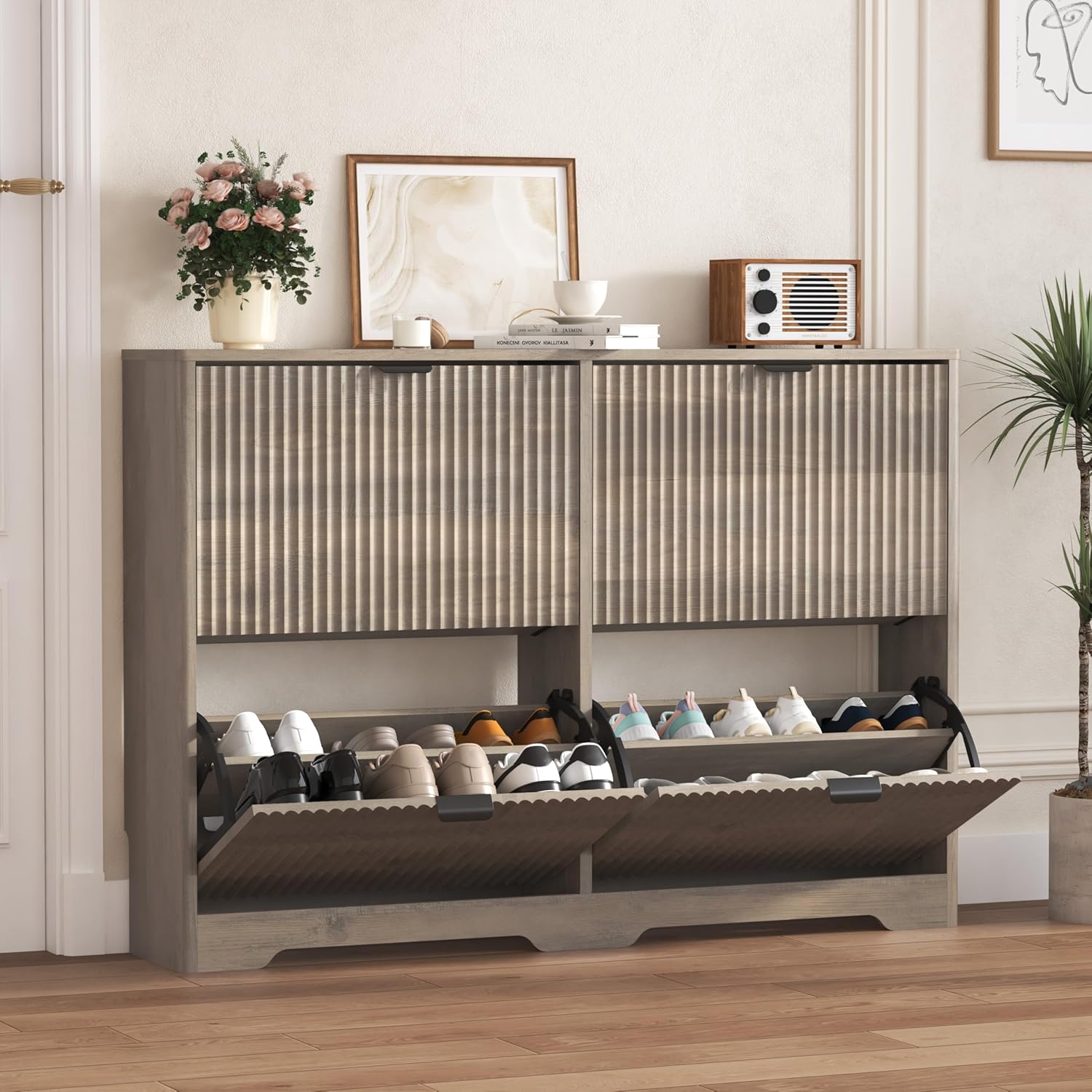 FANRAL Shoe Cabinet with 2 Flip Drawers & Open Storage,Fluted Shoe Storage Cabinet Rack Organizer with Adjustable Shelves for Entryway,Closet,Hallway,