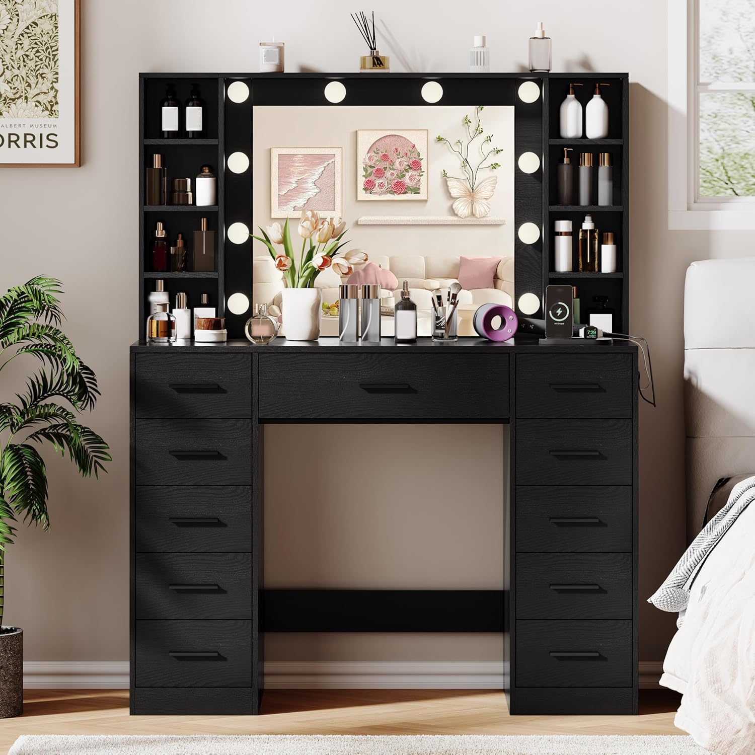 FANRAL Large Vanity Desk with LED Lighted Mirror & RGB Glass Cabinets,Built-in Charging Station & 7 Drawers,Modern Dressing Table for Bedroom Beauty Spaces, Vanity