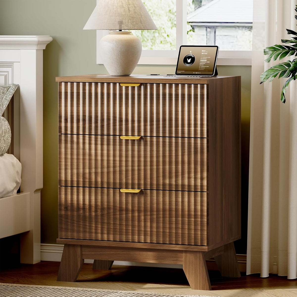 FANRAL 3 Large Drawer Nightstand,30" Tall Night Stand,24" Wide Side Table, Fluted Bedside Table Modern End Table Small Dresser for Bedroom, Nightstand
