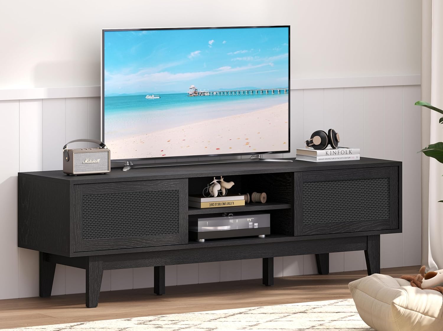 FANRAL Boho Farmhouse TV Stand for 65 Inch TV,Rattan Entertainment Center with Sliding Doors,Media Console with Adjustable Shelves & Cord Holes for Living Room, TV Stand
