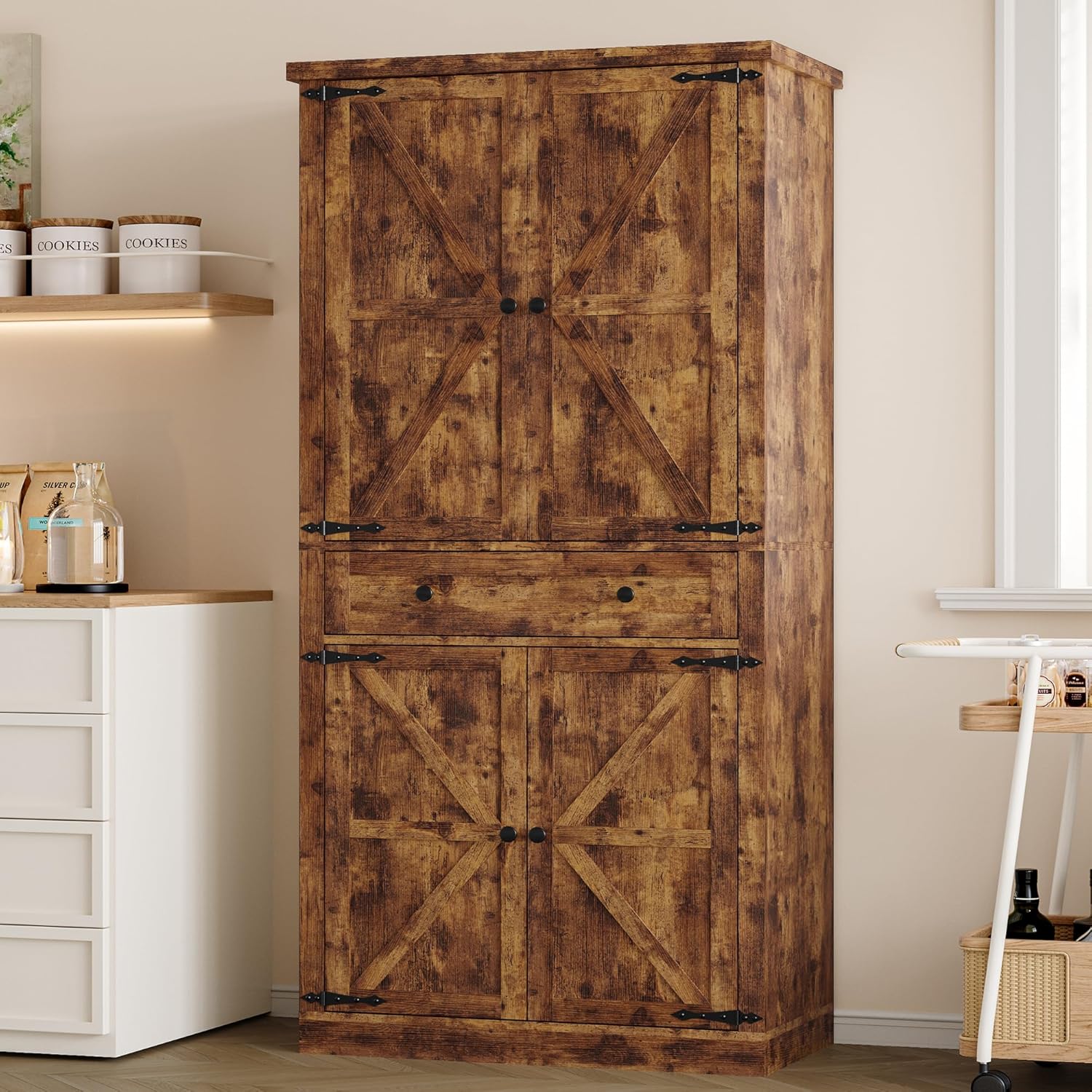FANRAL 70¡± Tall Pantry Organizers and Storage Cabinet with Barn Doors & Drawers,Adjustable Shelf,Tall Pantry for Kitchen Dining Room Living Room Bedroom, Pantry Cabinet