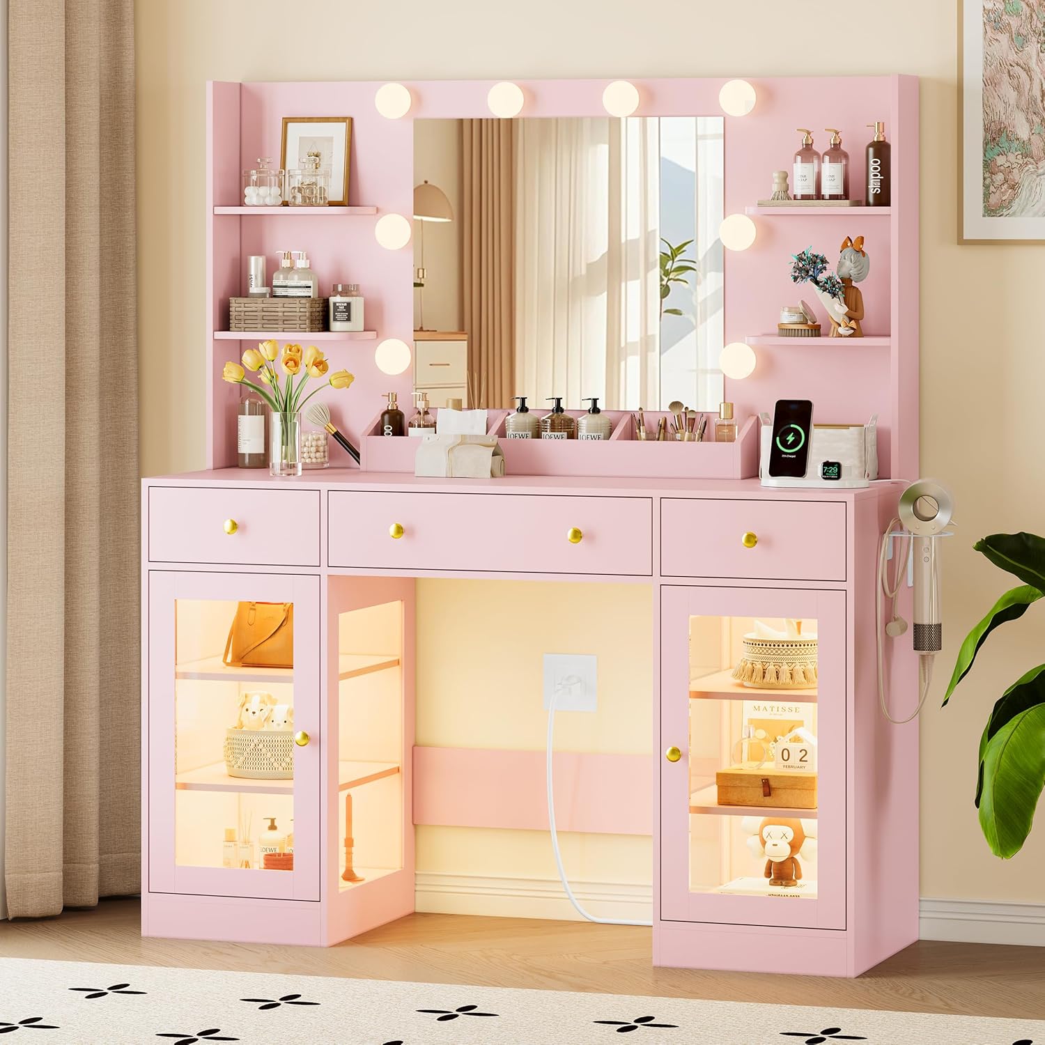 FANRAL 47" Large Makeup Vanity Desk with Mirror and Lights,Vanity Table with Power Outlet & RGB Glass Cabinet, Vanity