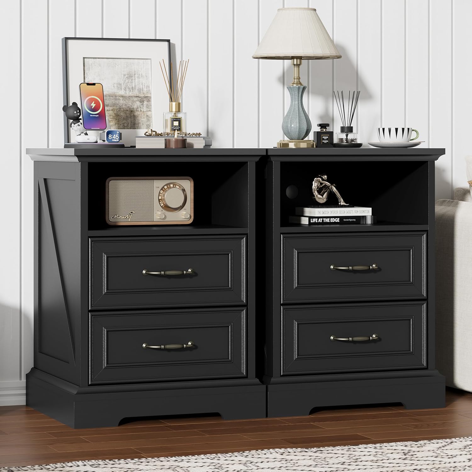 FANRAL Nightstand with Charging Station for Bedroom,Farmhouse End Side Table with 2 Drawers for Living Room, Nightstand