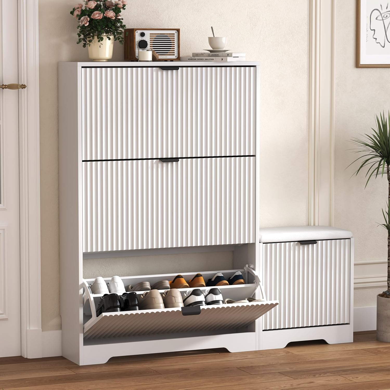 FANRAL Shoe Cabinet with 2 Flip Drawers & Open Storage,Fluted Shoe Storage Cabinet Rack Organizer with Adjustable Shelves for Entryway,Closet,Hallway,