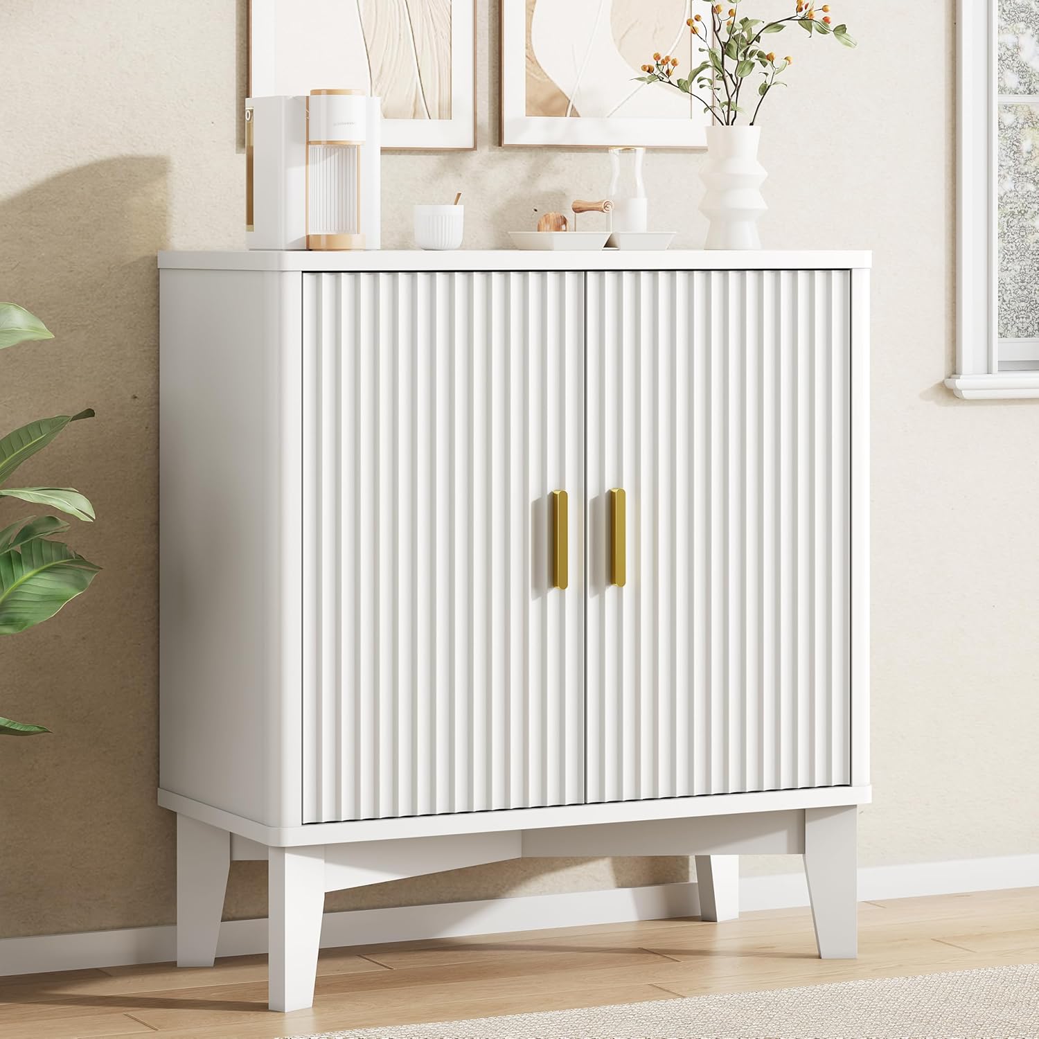 FANRAL 31.5" Wide Fluted Sideboard Buffet Cabinet with Sliding Door,Adjustable Shelves,Multi-Functional Storage Console for Kitchen Dining Room Living Room, Storage Cabinet