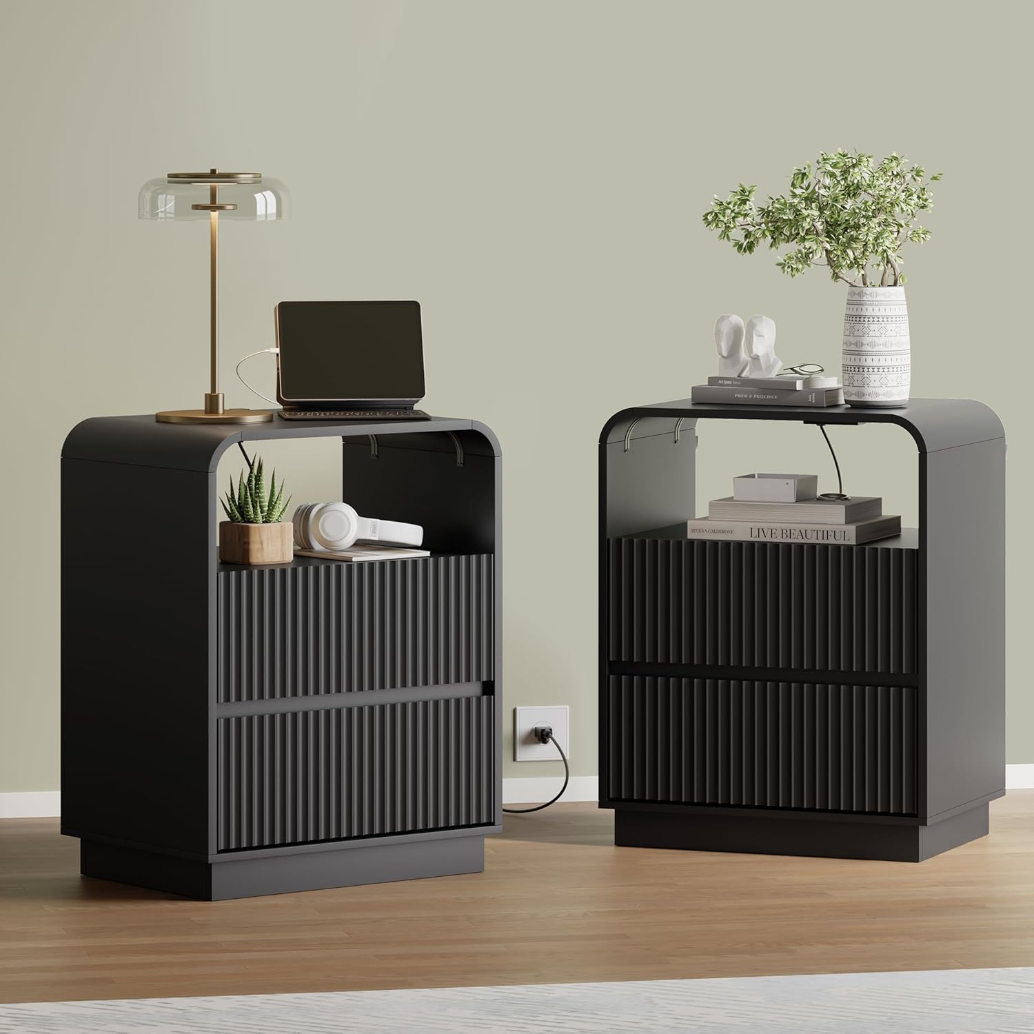 FANRAL Modern 2 Drawer Nightstand with Charging Station,en Bedside Table with Curved Silhouette & Metal Handles, Night Stand