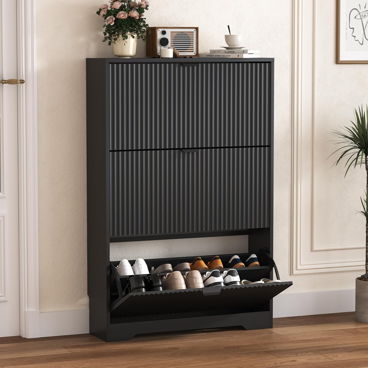 FANRAL Shoe Cabinet with 2 Flip Drawers & Open Storage,Fluted Shoe Storage Cabinet Rack Organizer with Adjustable Shelves for Entryway,Closet,Hallway,