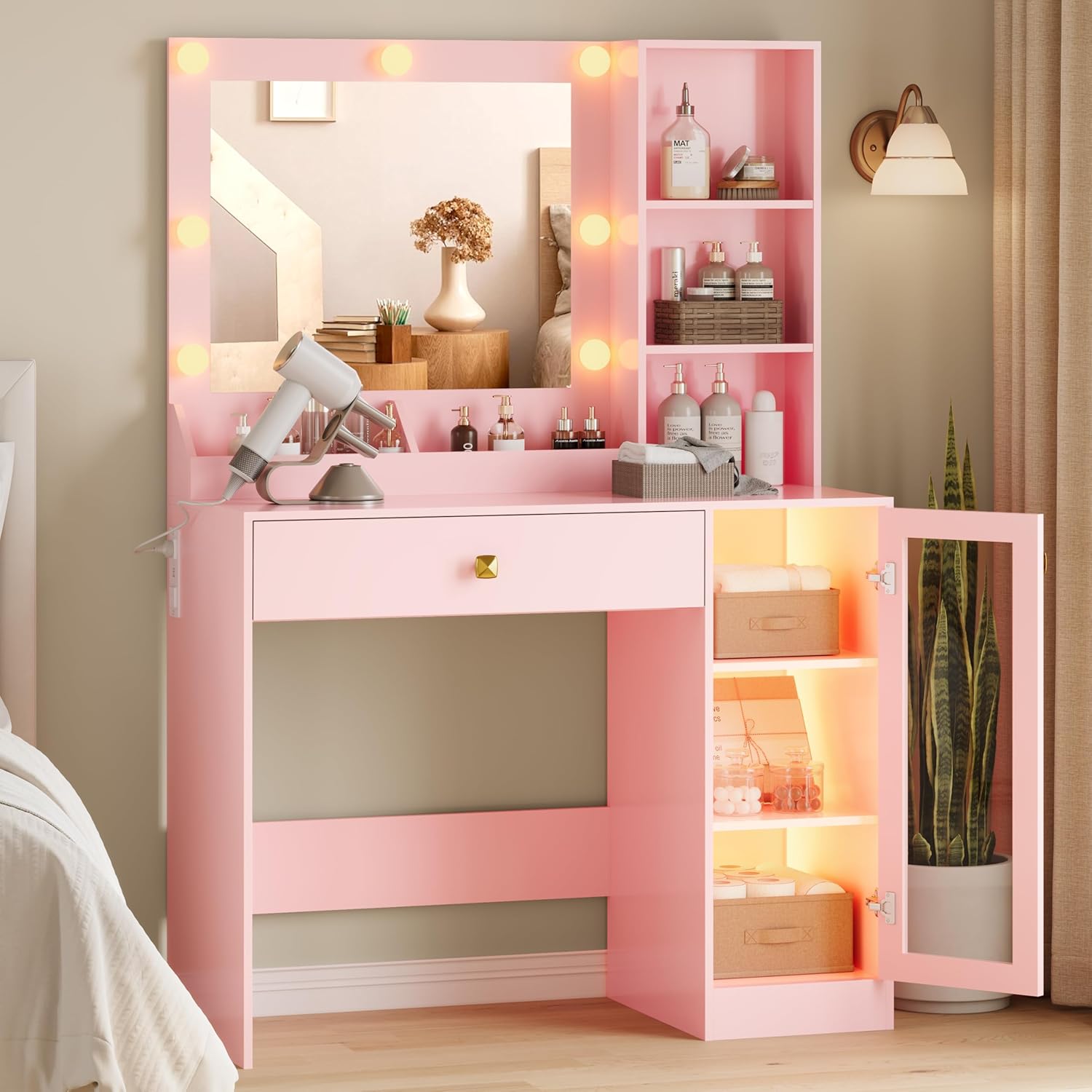 Fanral Makeup Vanity Desk With Mirror And Lights,Glass Top Bedroom Vanity With Jewelry Organizer Cabinet & Charging Station & Hidden Compartment, Vanity
