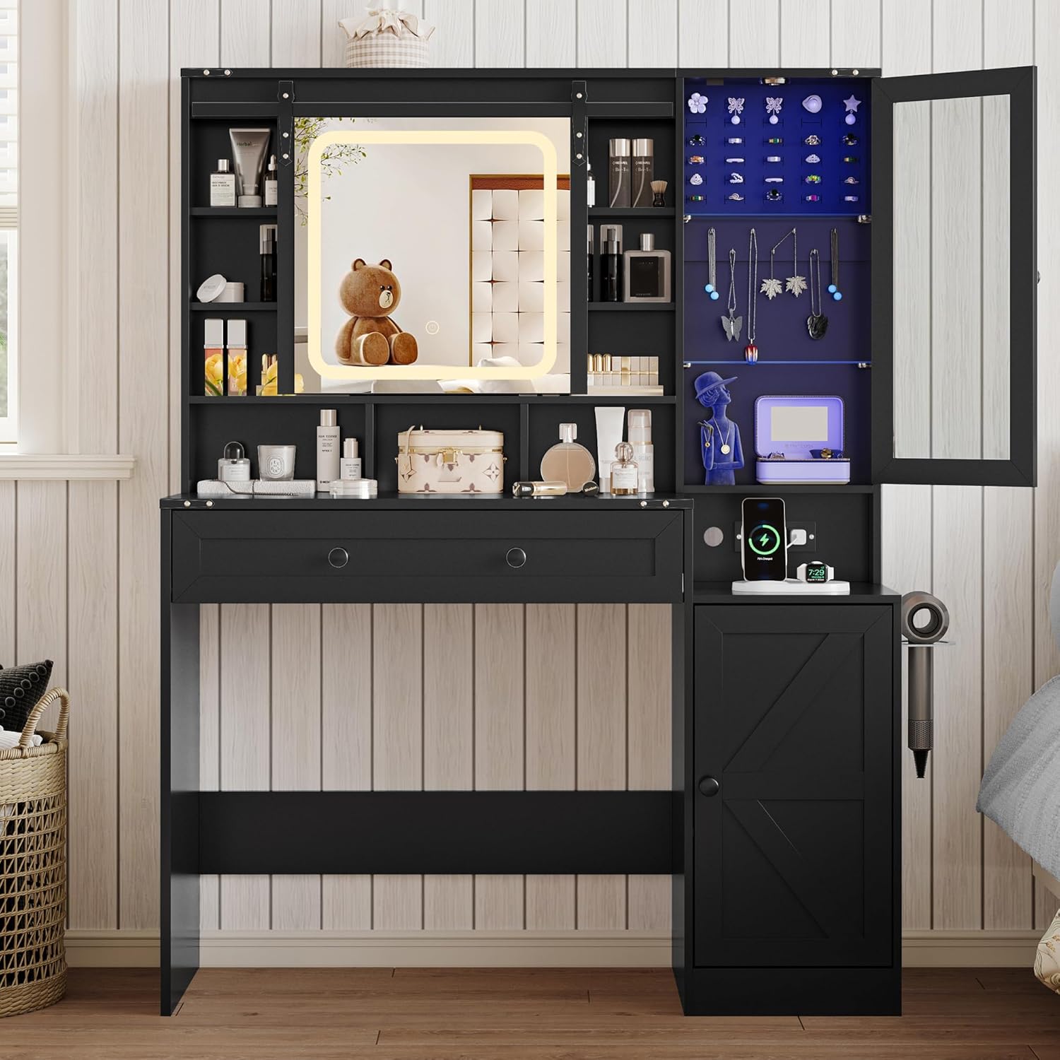 FANRAL Makeup Vanity Desk with Mirror and Lights,Farmhouse Vanity Table with Sliding Mirrors & Power Outlet & RGB Cabinet,Large Dressing Table