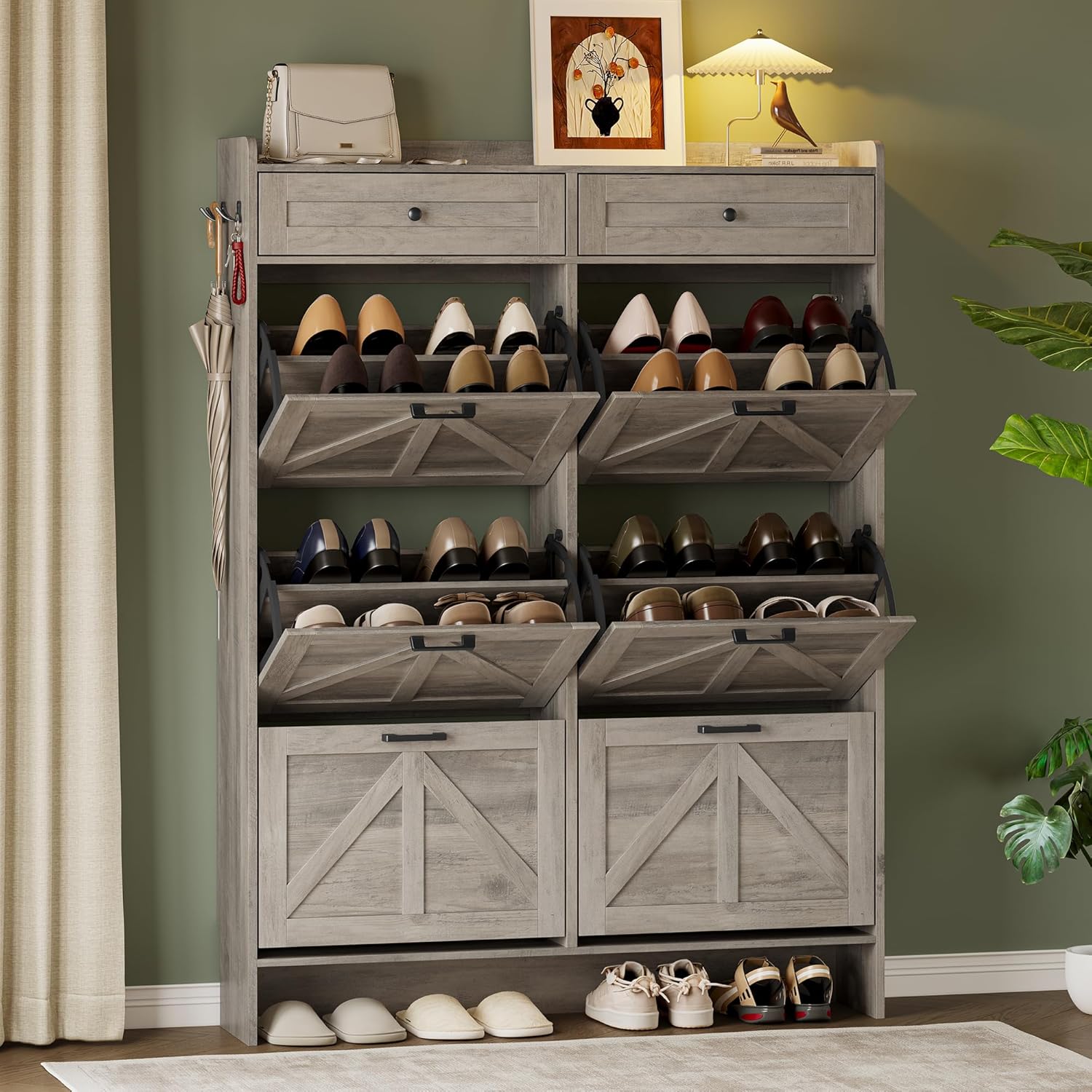 FANRAL Shoe Cabinet with 2 Flip Drawer & 2 Storage Drawer,Farmhouse Narrow Shoe Rack with Adjustable Shelve & Hook for Entryway,Hallway,