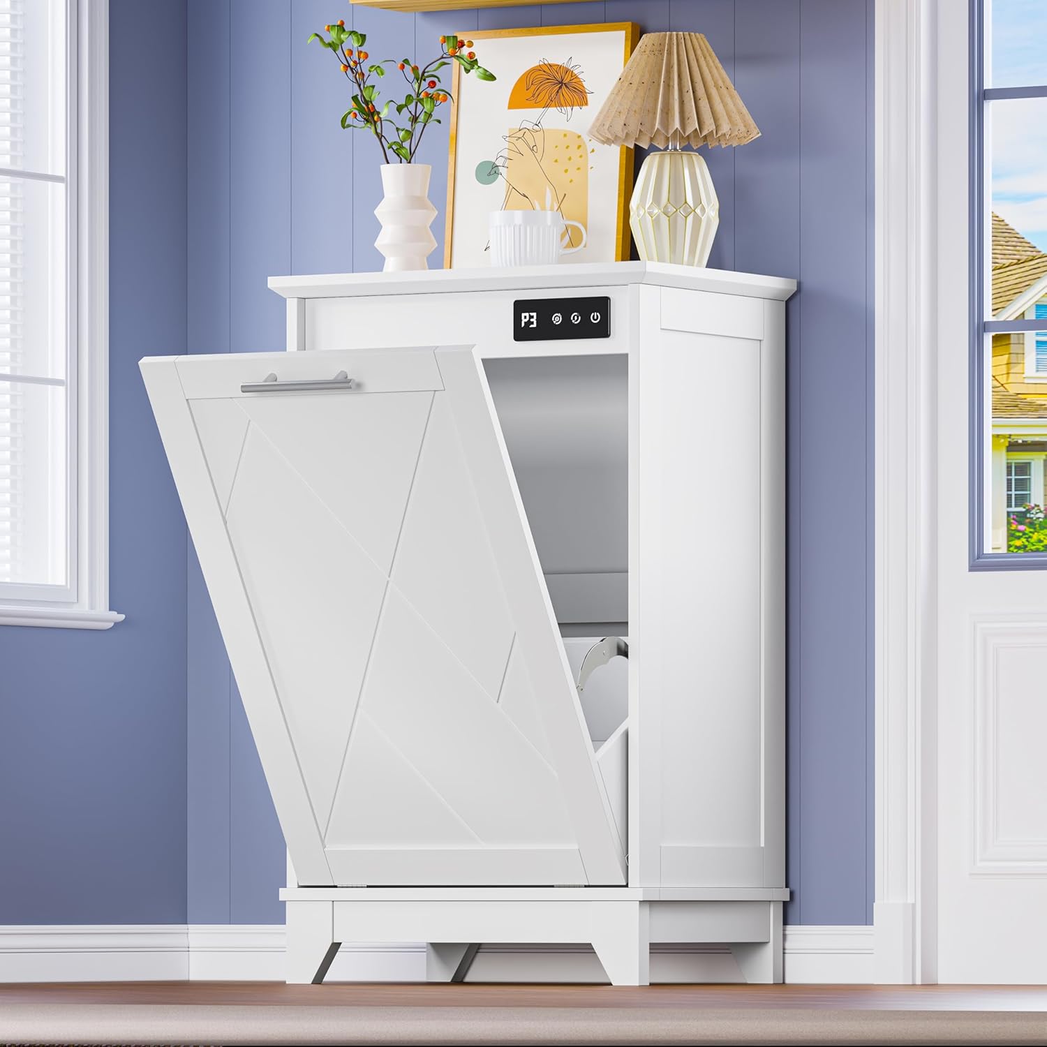 FANRAL Tilt Out Trash Can Cabinet for 2 Bins,Hidden Recycle Garbage Enclosure with Negative Ion & Ozone Odor Control,en Double Storage Cabinet for Kitchen Bathroom Laundry Room