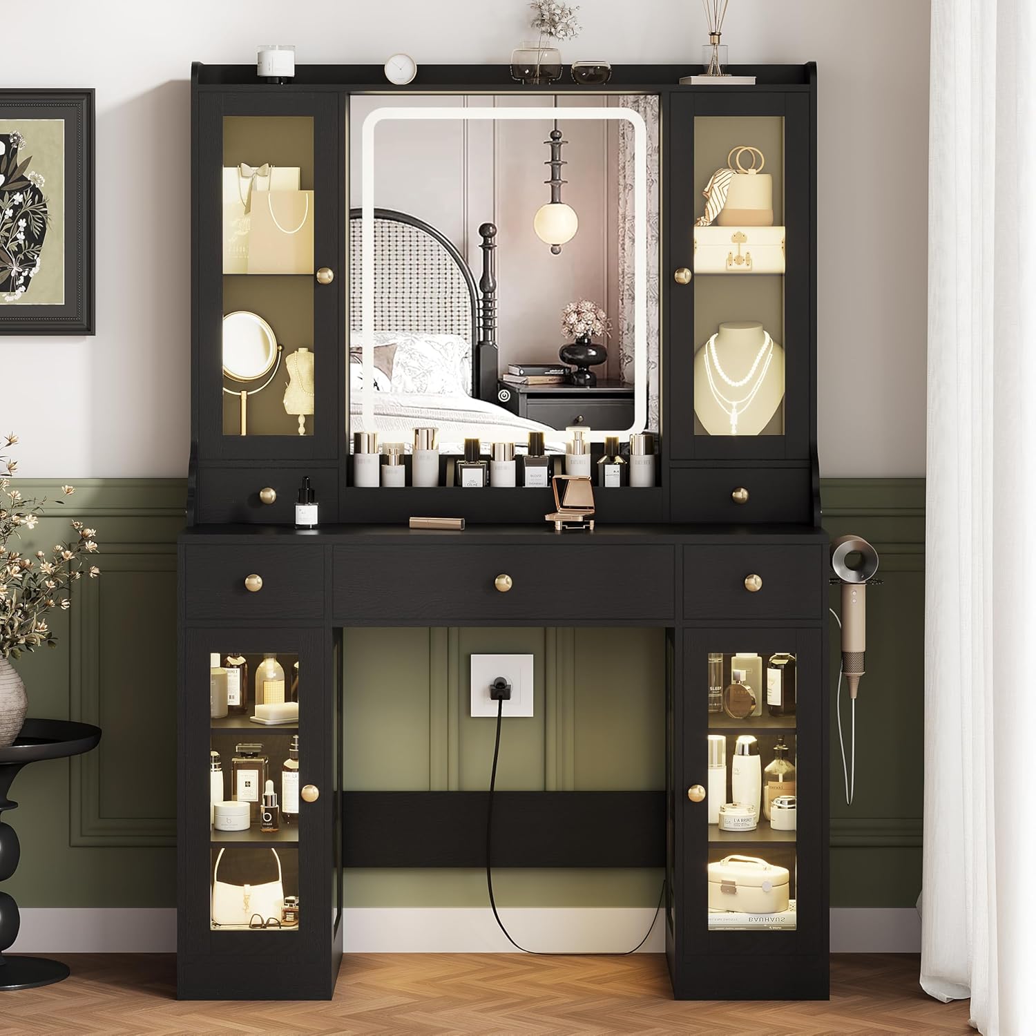 FANRAL Vanity Desk with Mirror and Lights,Dressing Table with RGB Cabinets & Charging Station & Hair Dryer Rack Vanity