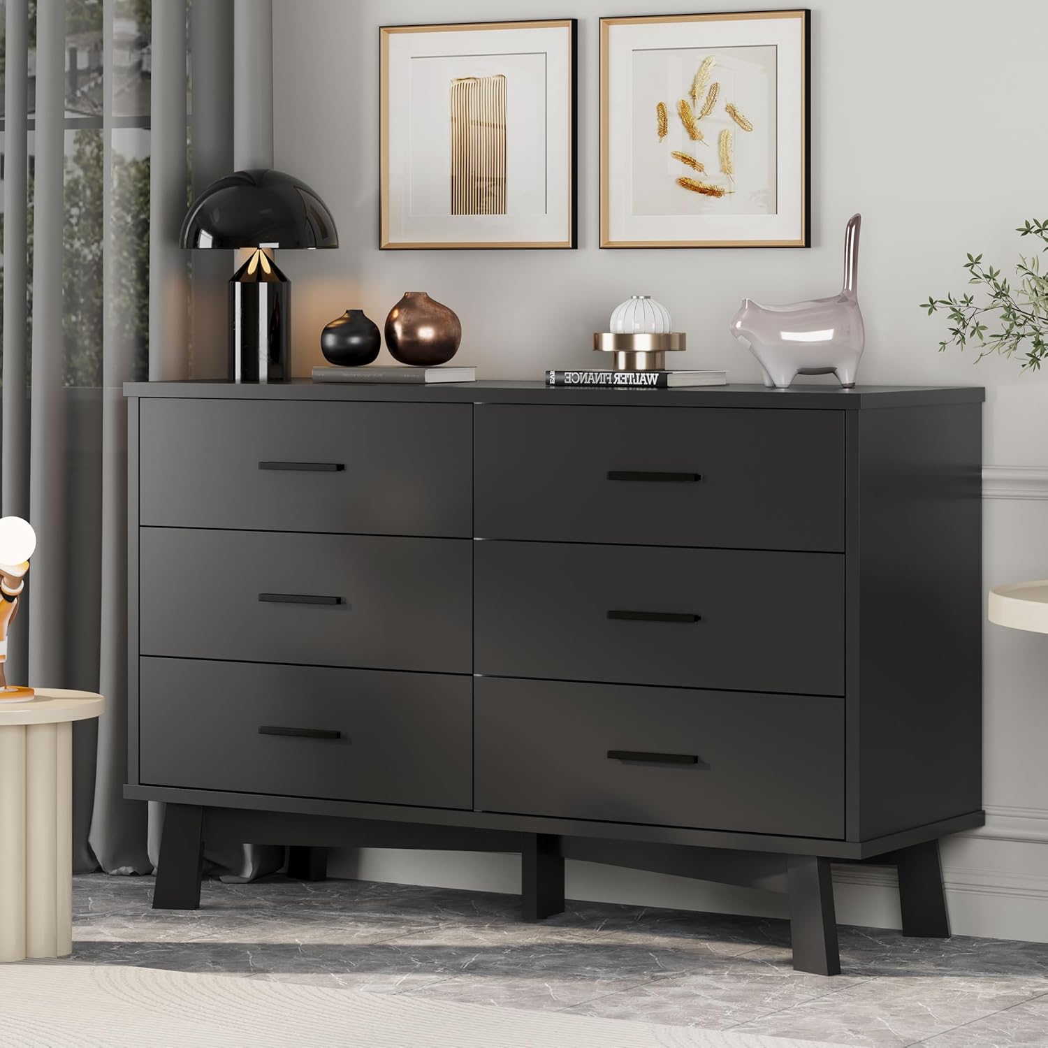 FANRAL 6 Drawers Dresser for Bedroom, Modern Chest of Drawers with X-Shaped Sturdy Base, Dresser