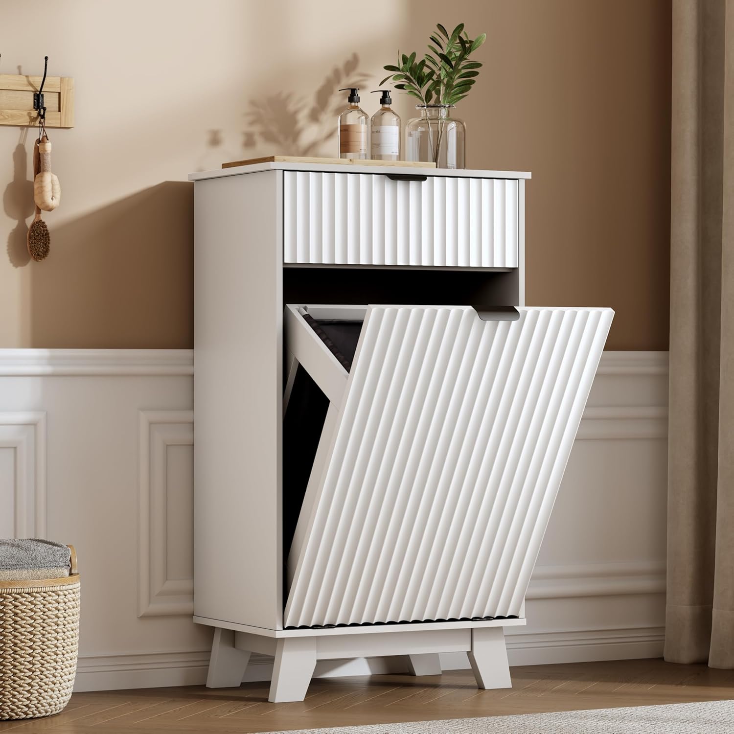 FANRAL Single Tilt Out Laundry Hamper Cabinet,10 Gallon en Hidden Storage Cabinet,Fluted Trash Can for Bathroom Kitchen Living Room, Laundry Basket Cabinet