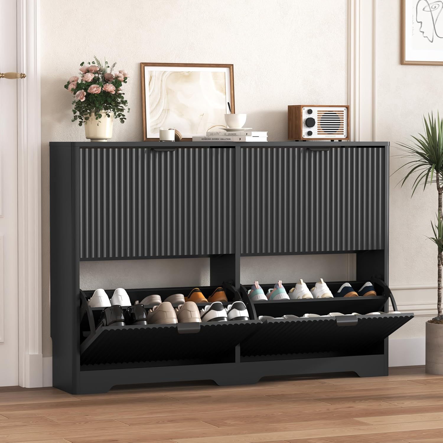 FANRAL Shoe Cabinet with 2 Flip Drawers & Open Storage,Fluted Shoe Storage Cabinet Rack Organizer with Adjustable Shelves for Entryway,Closet,Hallway,