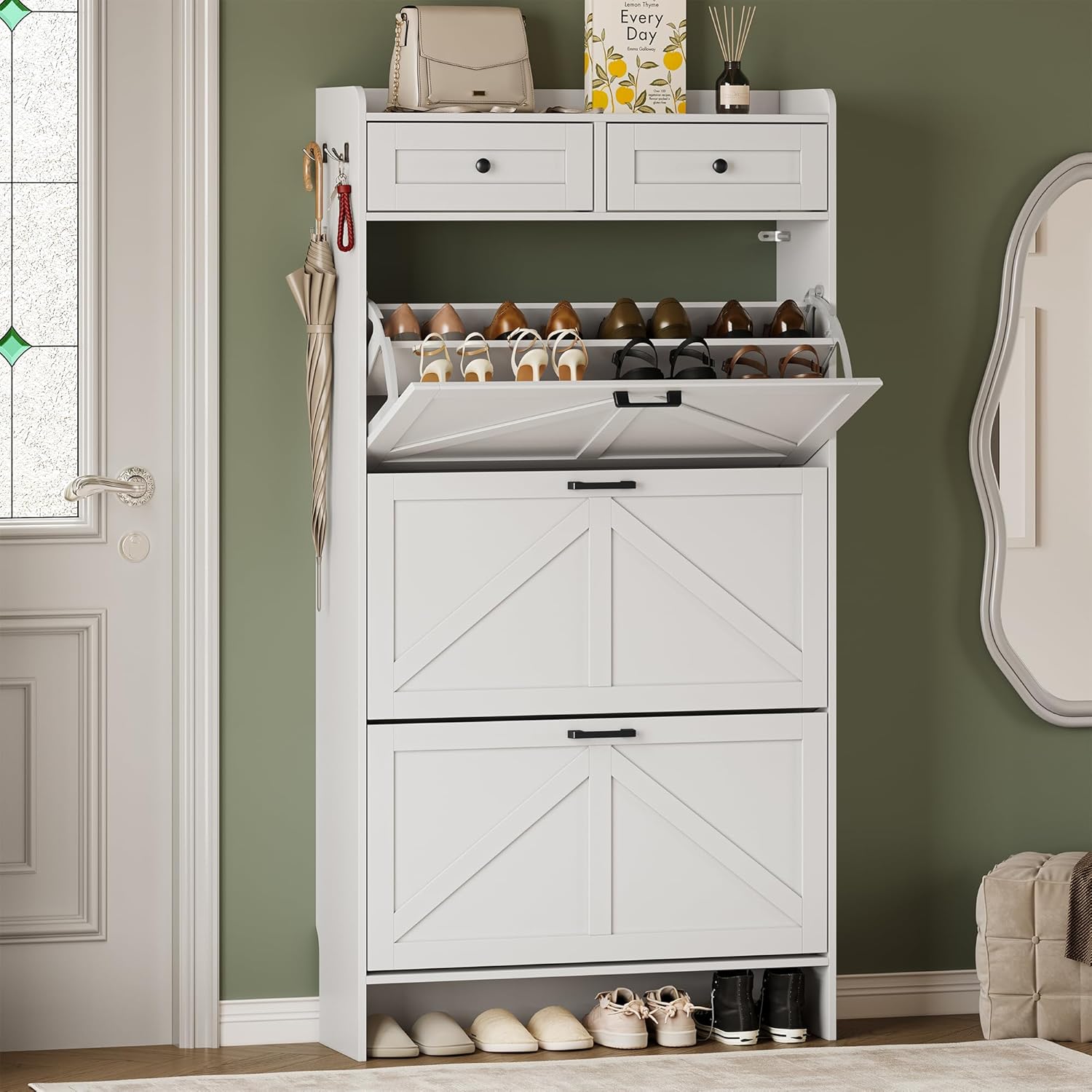 FANRAL Shoe Cabinet with 2 Flip Drawer & 2 Storage Drawer,Farmhouse Narrow Shoe Rack with Adjustable Shelve & Hook for Entryway,Hallway,