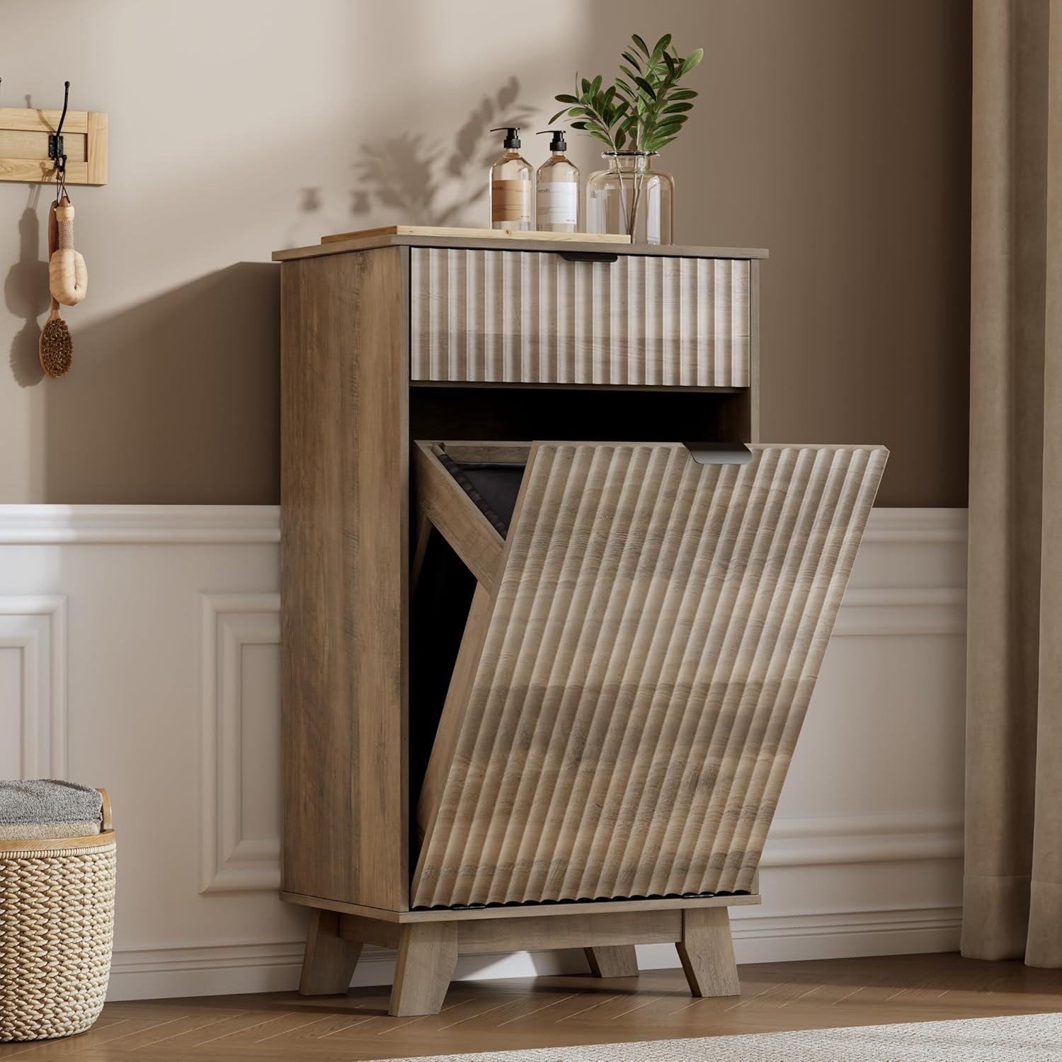 FANRAL Single Tilt Out Laundry Hamper Cabinet,10 Gallon en Hidden Storage Cabinet,Fluted Trash Can for Bathroom Kitchen Living Room, Laundry Basket Cabinet