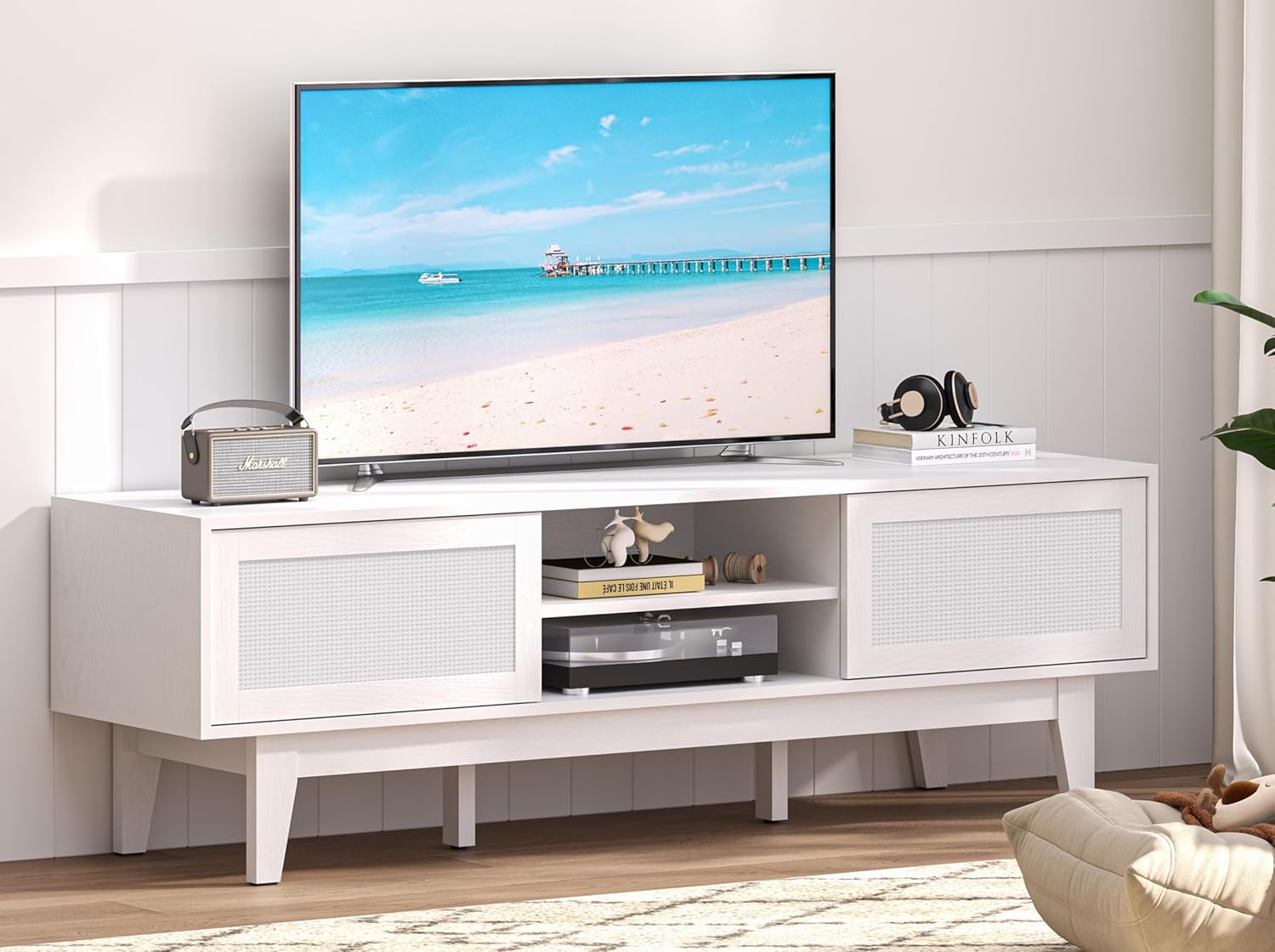 FANRAL Boho Farmhouse TV Stand for 65 Inch TV,Rattan Entertainment Center with Sliding Doors,Media Console with Adjustable Shelves & Cord Holes for Living Room, TV Stand