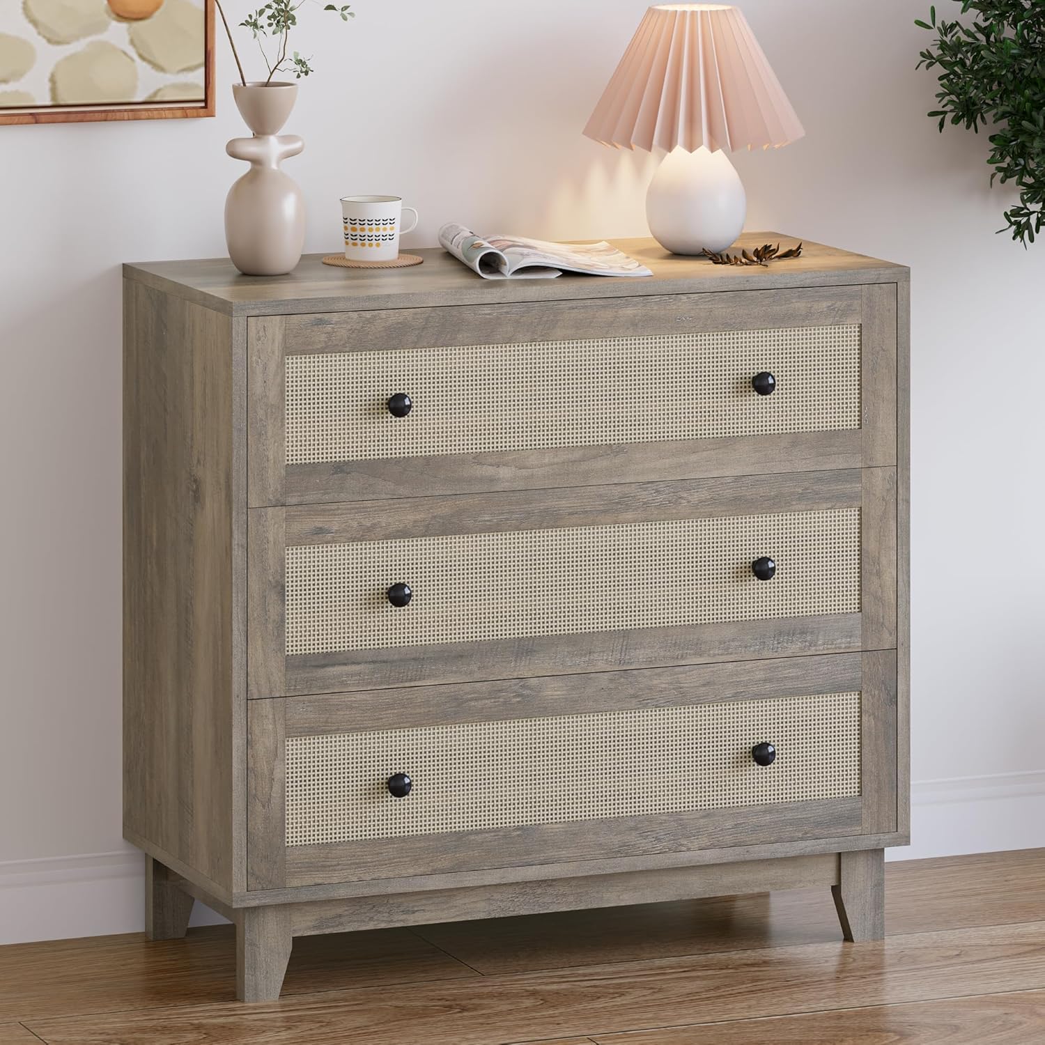 FANRAL 3 Drawers Dresser for Bedroom,Boho Small Natural Rattan Closet Dresser Chest of Drawers,Modern Clothes Storage Organizer with en Feet and Handles for Hallway,Living Room,Entryway