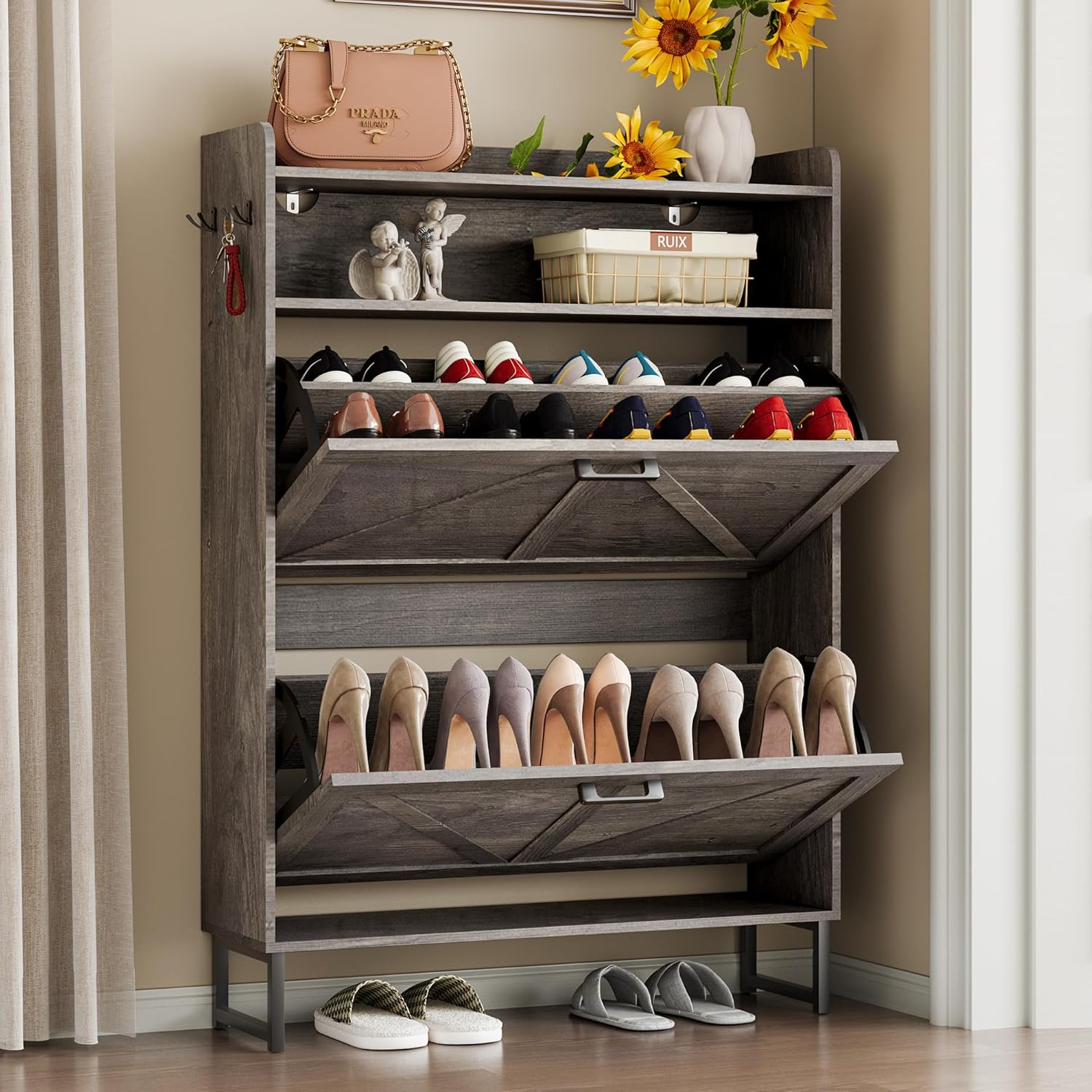 FANRAL Shoe Storage Cabinet for Entryway,2 Flip Drawer & Open Storage Shoe Rack Organizer,en Narrow Shoes Cabinet,
