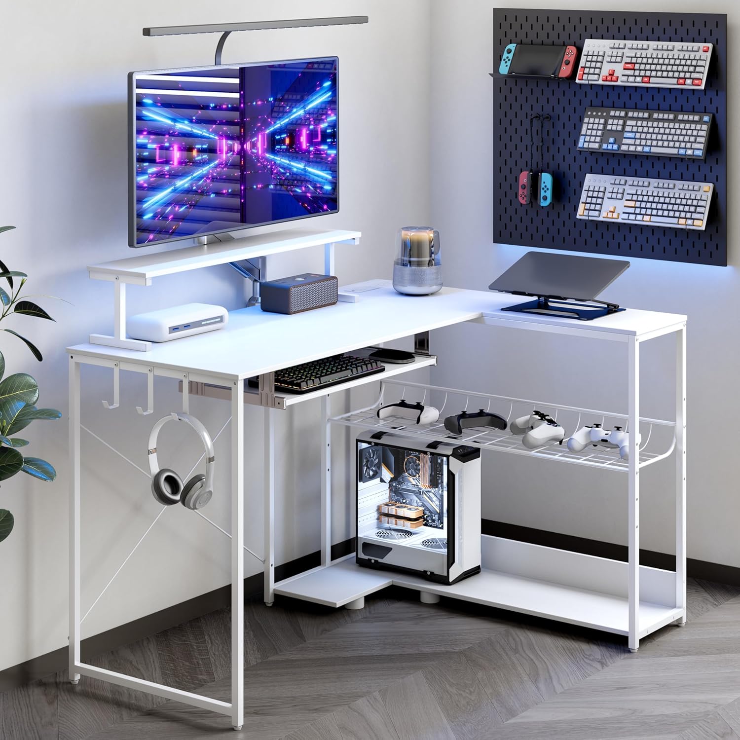 FANRAL L Shaped Computer Gaming Desk with Monitor Stand,LED Light & USB Power Outlet,Reversible Shelves Corner Desk with Keyboard Tray for Home Office Study, Computer Desk