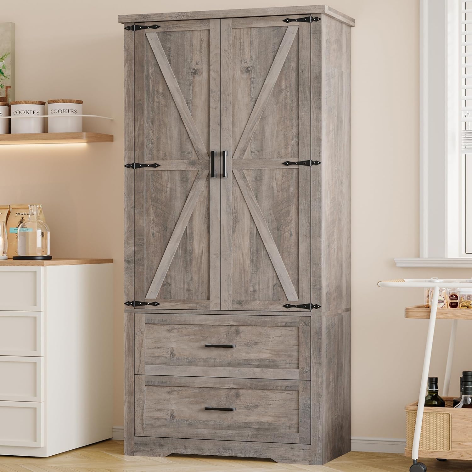 FANRAL 70¡± Tall Pantry Organizers and Storage Cabinet with Barn Doors & Drawers,Adjustable Shelf,Tall Pantry for Kitchen Dining Room Living Room Bedroom, Pantry Cabinet