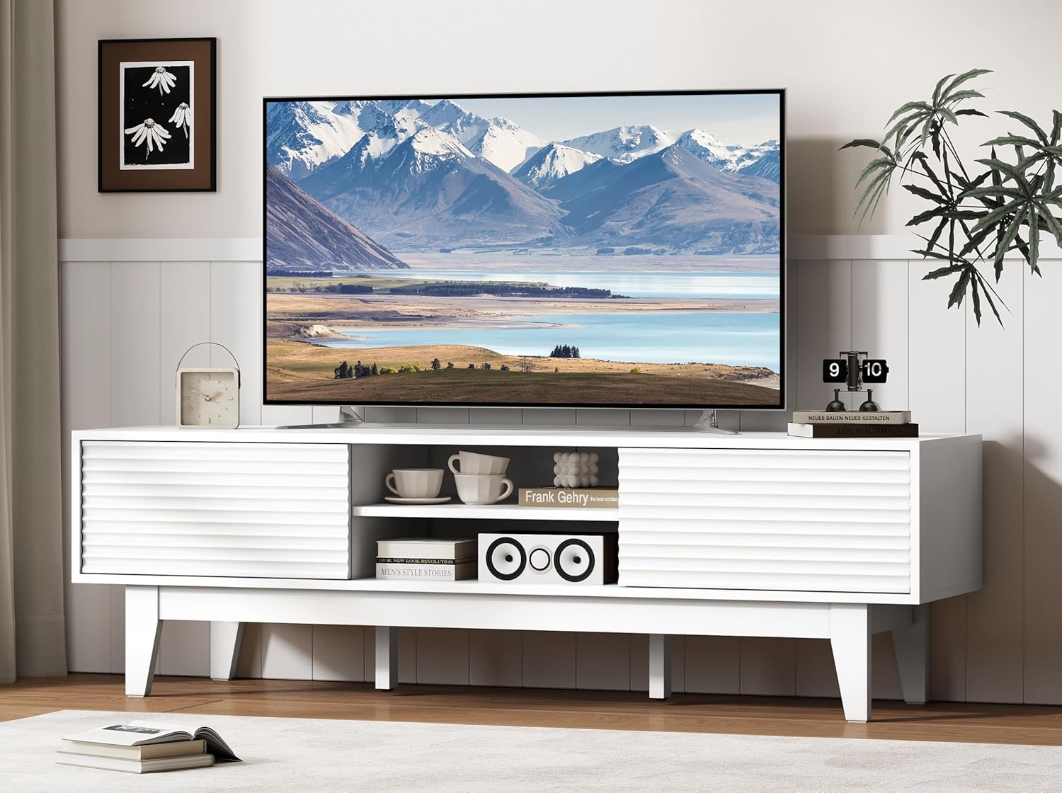 FANRAL Boho Farmhouse TV Stand for 65 Inch TV,Rattan Entertainment Center with Sliding Doors,Media Console with Adjustable Shelves & Cord Holes for Living Room, TV Stand