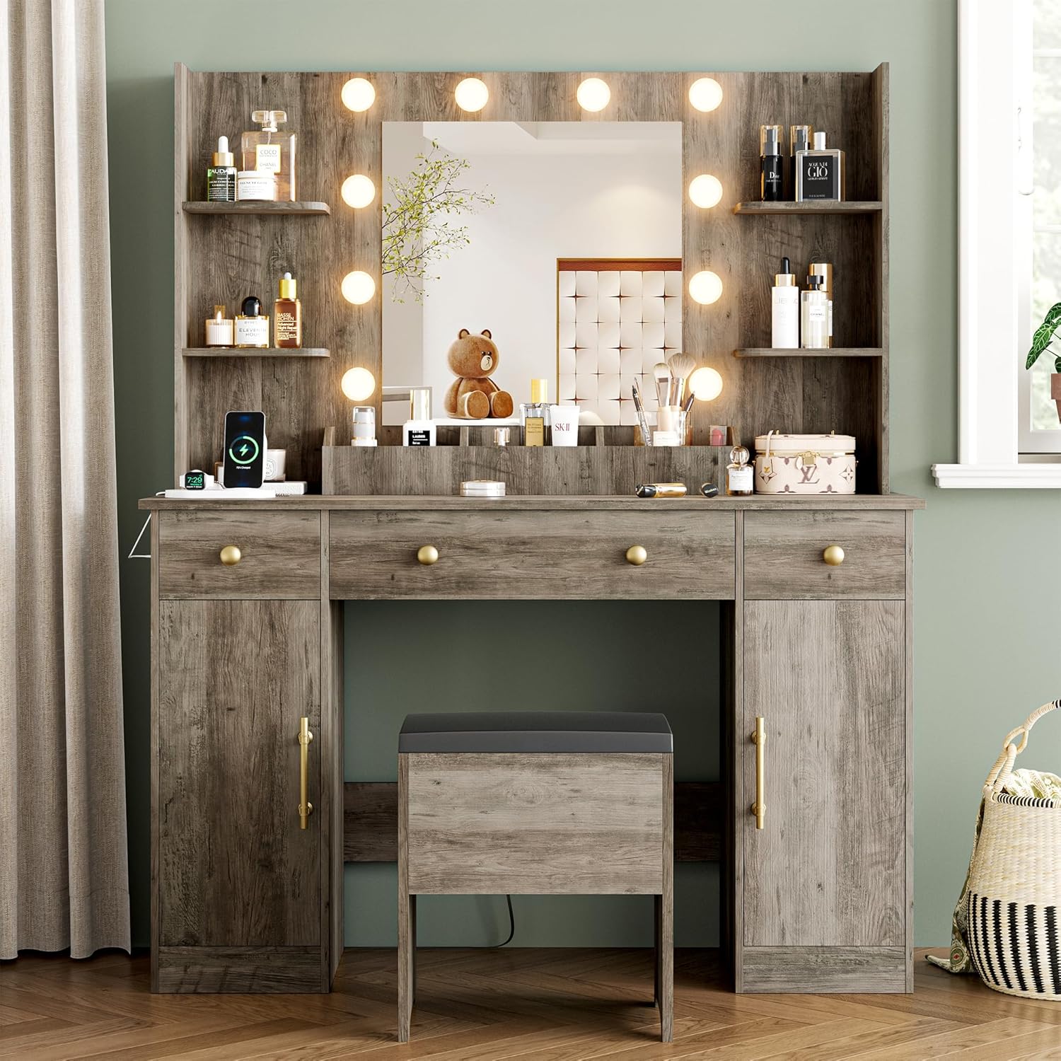 FANRAL Vanity Desk with Mirror and Lights,Large Makeup Vanity Table Set with Drawers & Chair & Power Outlet,Vanity for Bedroom