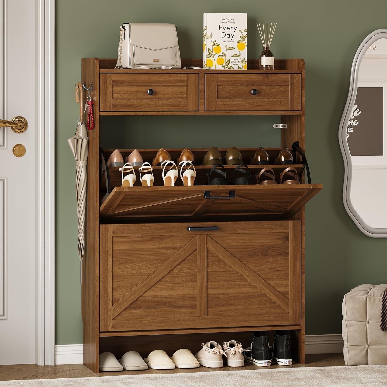 FANRAL Shoe Cabinet with 2 Flip Drawer & 2 Storage Drawer,Farmhouse Narrow Shoe Rack with Adjustable Shelve & Hook for Entryway,Hallway,