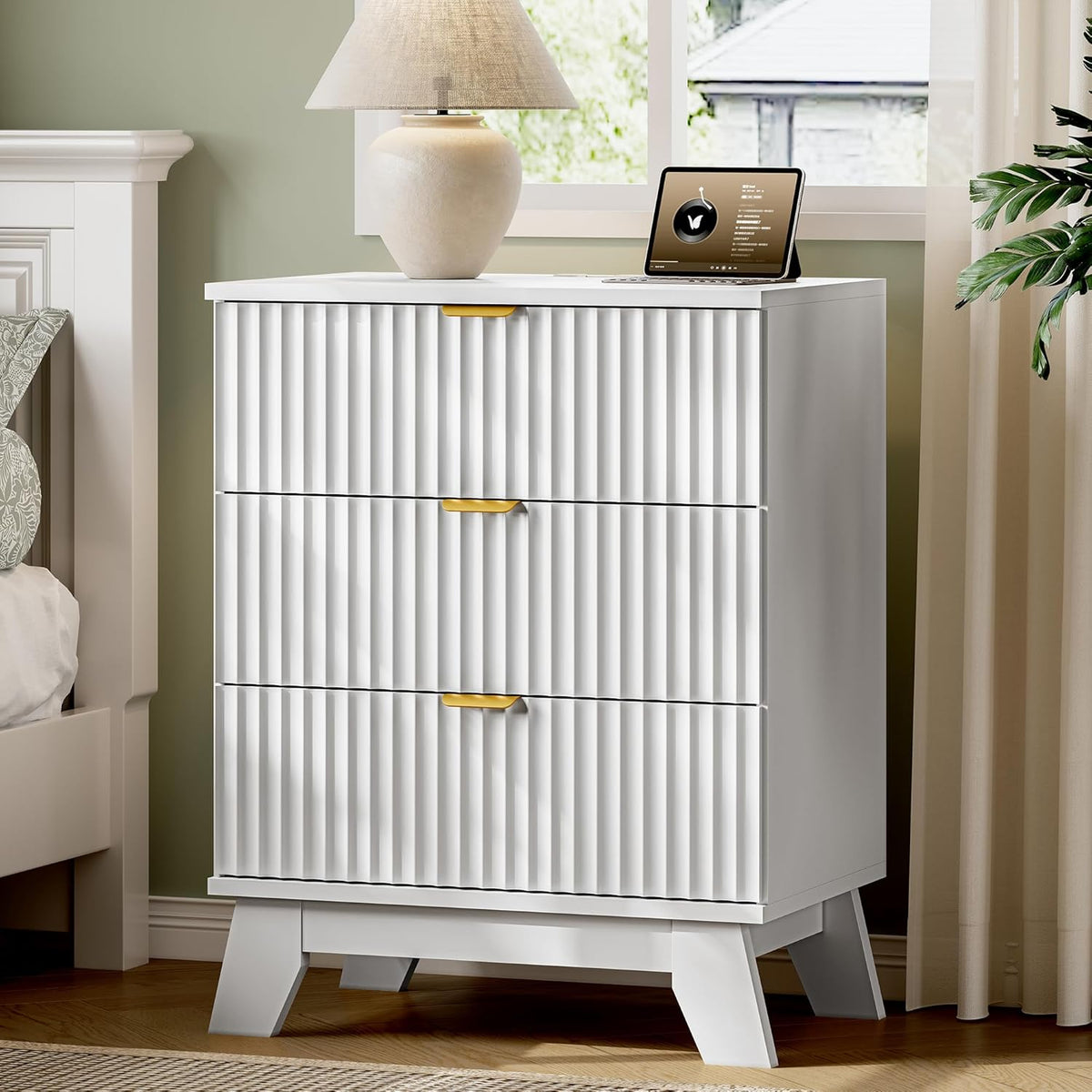 FANRAL 3 Large Drawer Nightstand,30" Tall Night Stand,24" Wide Side Table, Fluted Bedside Table Modern End Table Small Dresser for Bedroom, Nightstand