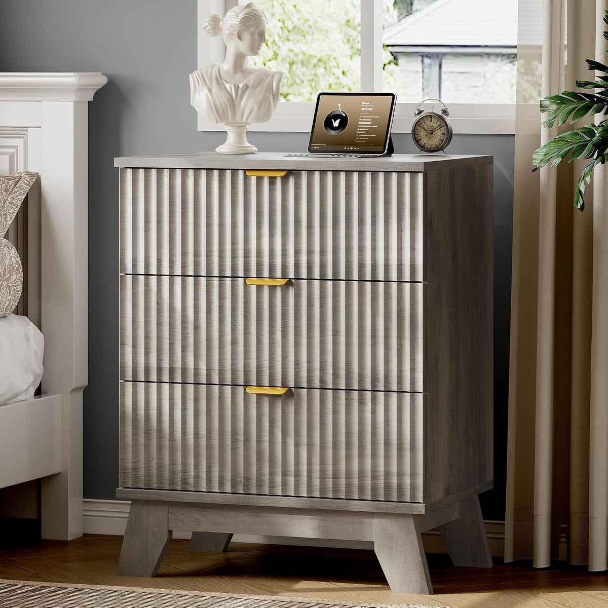 FANRAL 3 Large Drawer Nightstand,30" Tall Night Stand,24" Wide Side Table, Fluted Bedside Table Modern End Table Small Dresser for Bedroom, Nightstand