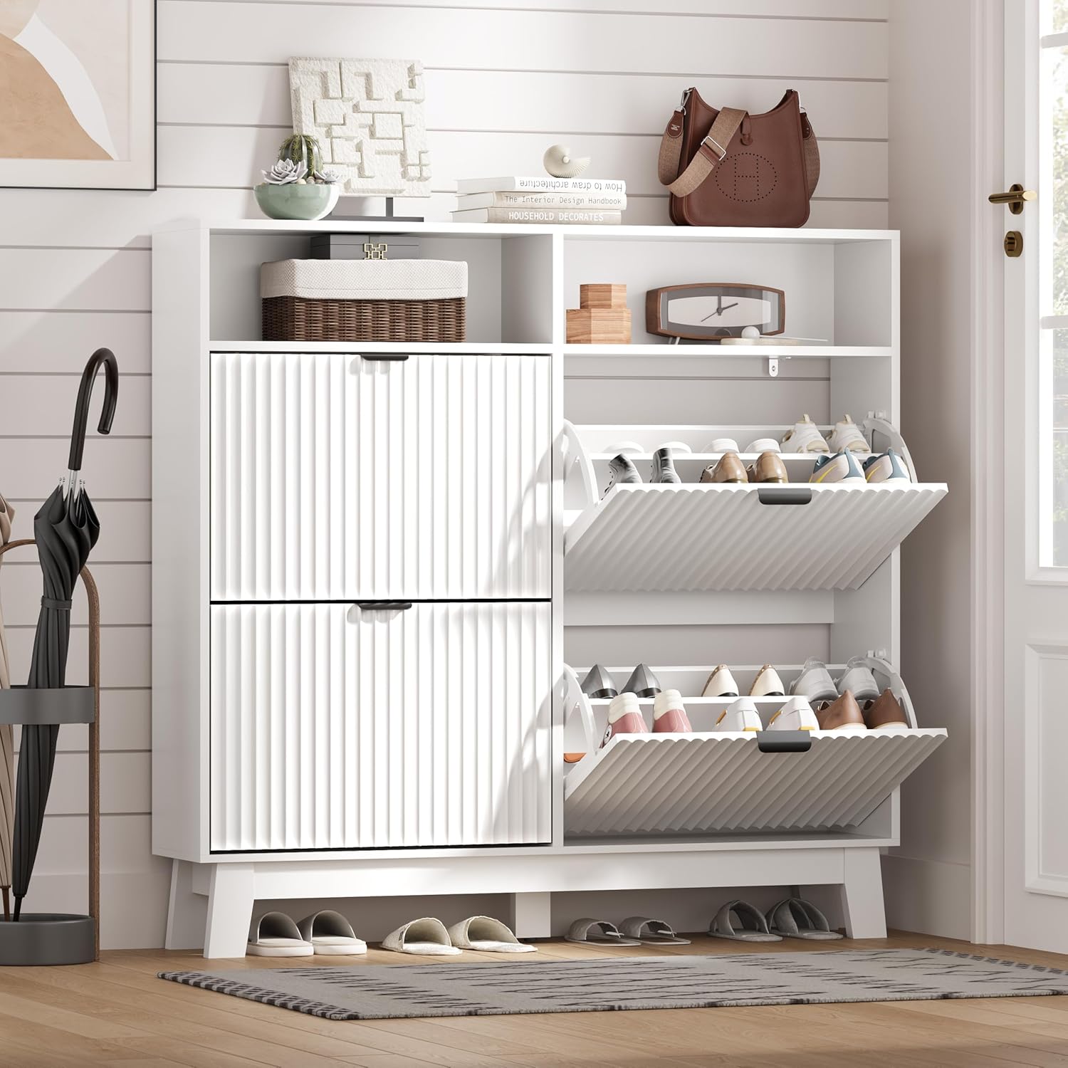 FANRAL Shoe Cabinet with 2 Flip Drawers & Open Storage,Fluted Shoe Storage Cabinet Rack Organizer with Adjustable Shelves for Entryway,Closet,Hallway,