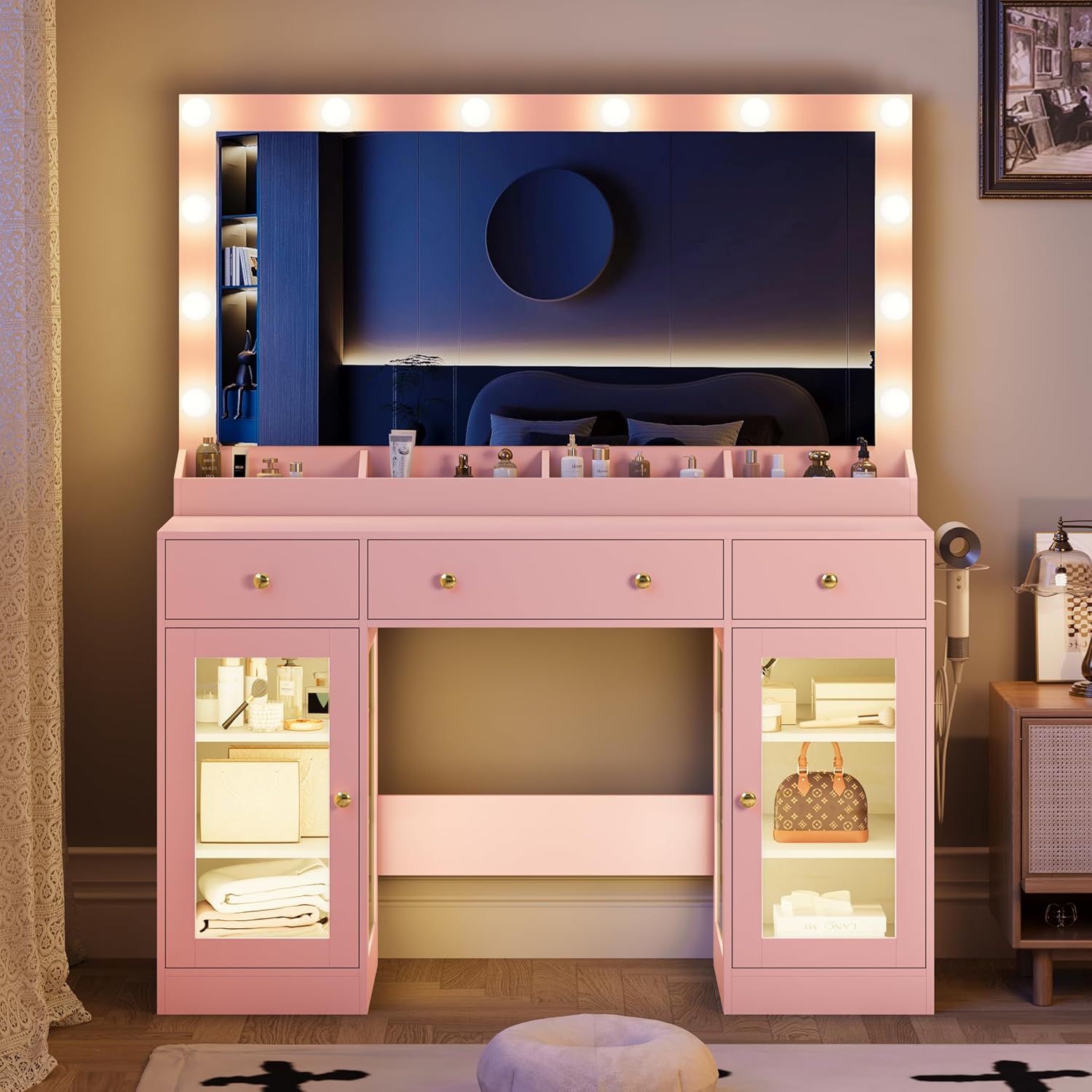 FANRAL 47" Large Makeup Vanity Desk with Mirror and Lights,Vanity Table with Power Outlet & RGB Glass Cabinet, Vanity