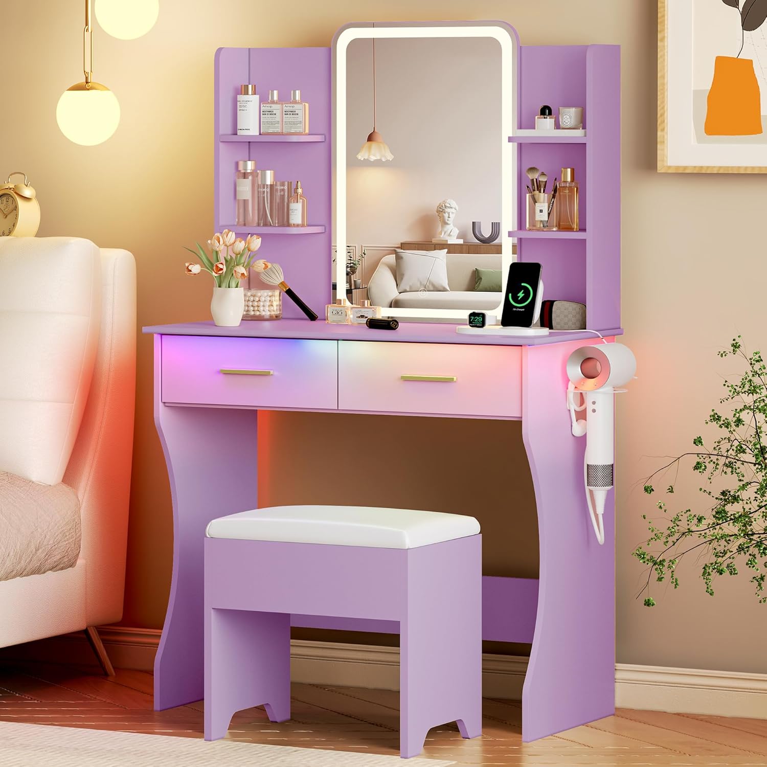 FANRAL 43.7" Vanity Desk with 10 Mirror Lights & Under-Table RGB,Charging Station & Hair Dryer Holder,Multi-Storage Dressing Table for Bedroom Bathroom, Vanity