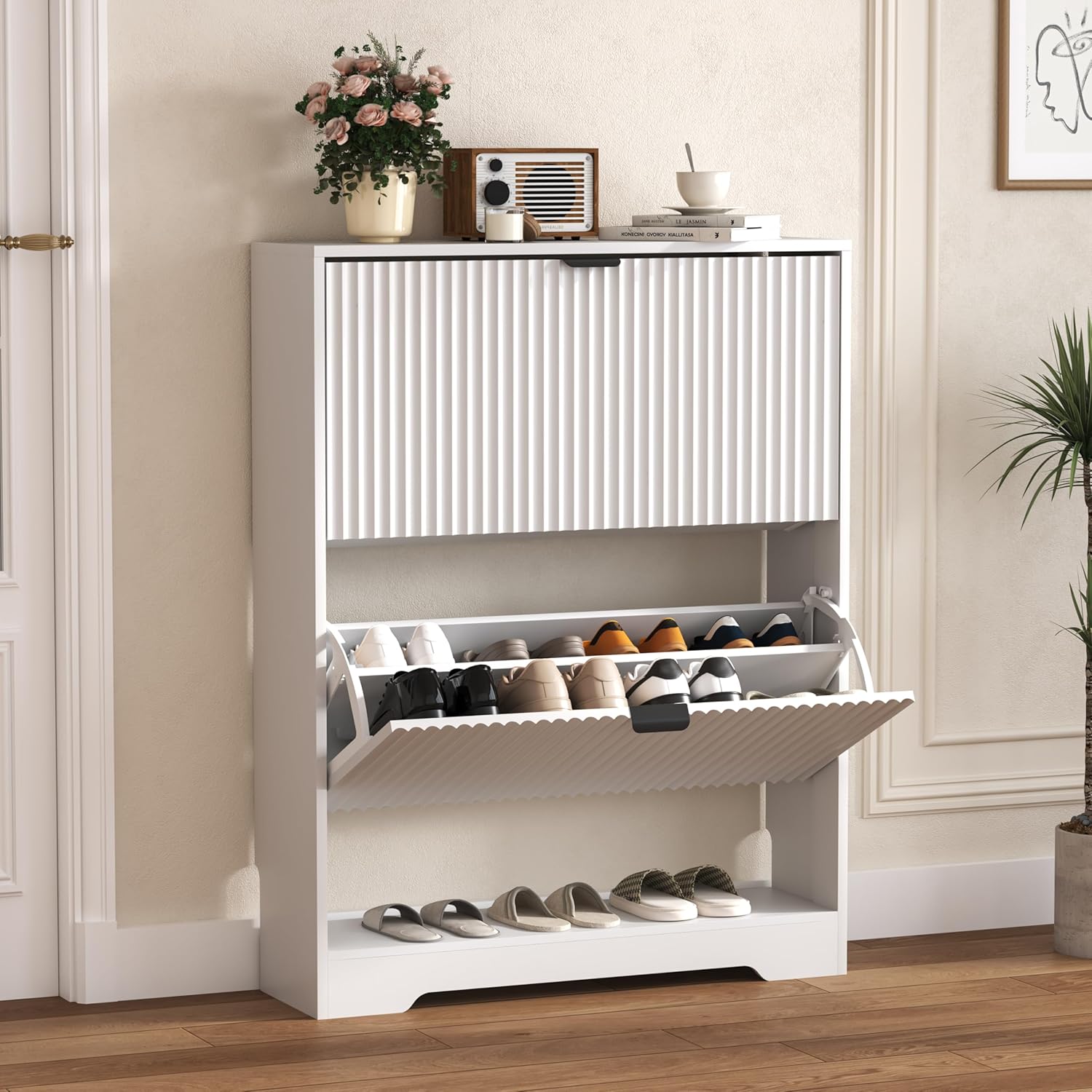 FANRAL Shoe Cabinet with 2 Flip Drawers & Open Storage,Fluted Shoe Storage Cabinet Rack Organizer with Adjustable Shelves for Entryway,Closet,Hallway,