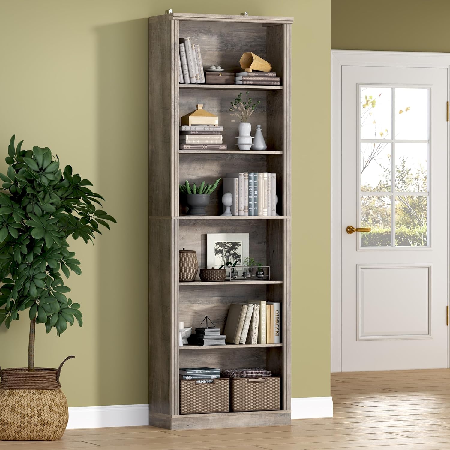 FANRAL 75" Tall Bookshelf with 6 Tier,2 Adjustable Shelving, Vertical Narrow Storage Organizer, Freestanding Display Shelf for Home Living Room Bedroom Office, Bookcase